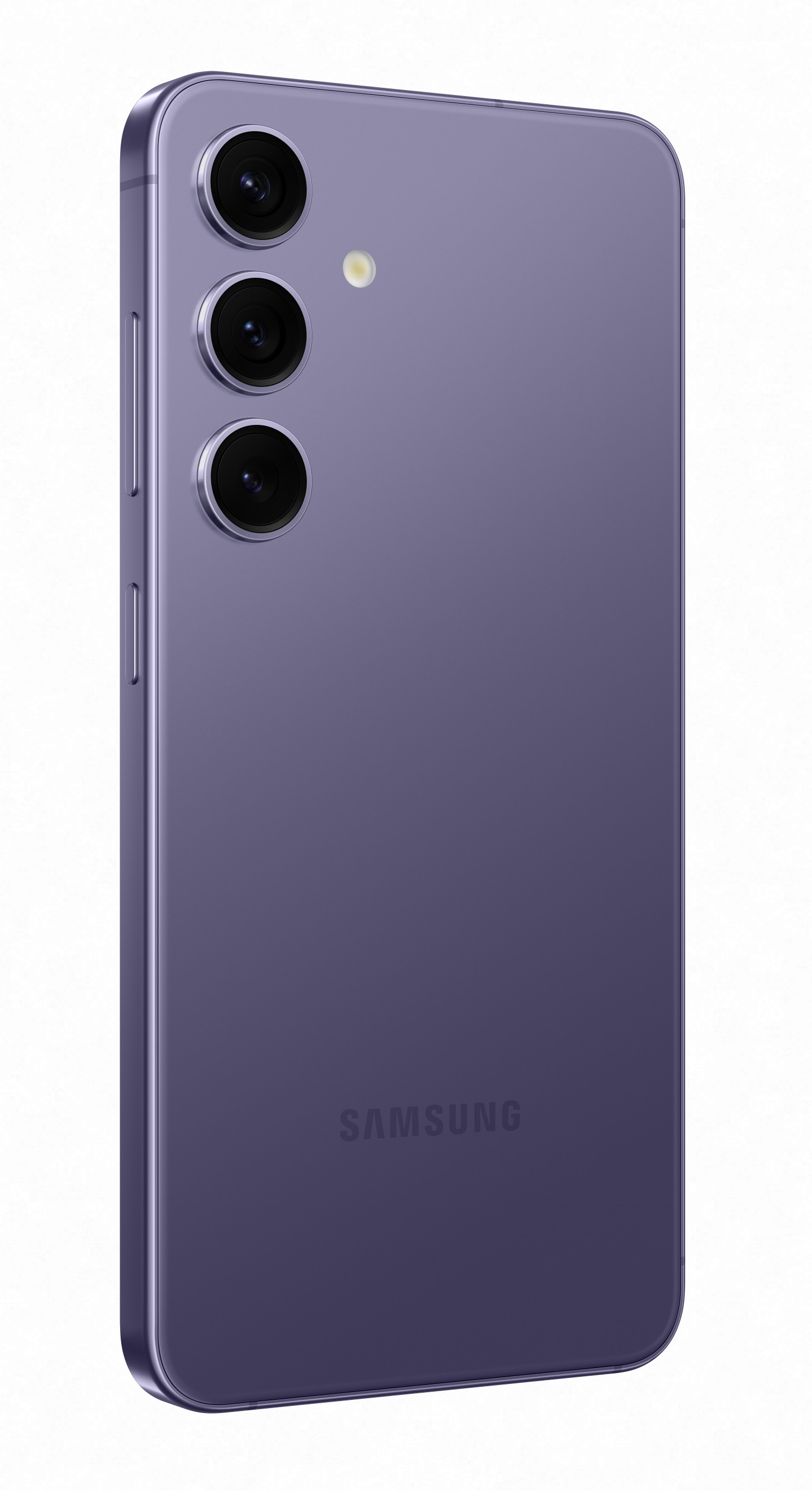 Fioletowy smartfon z trzema tylnymi aparatami, widok z boku.