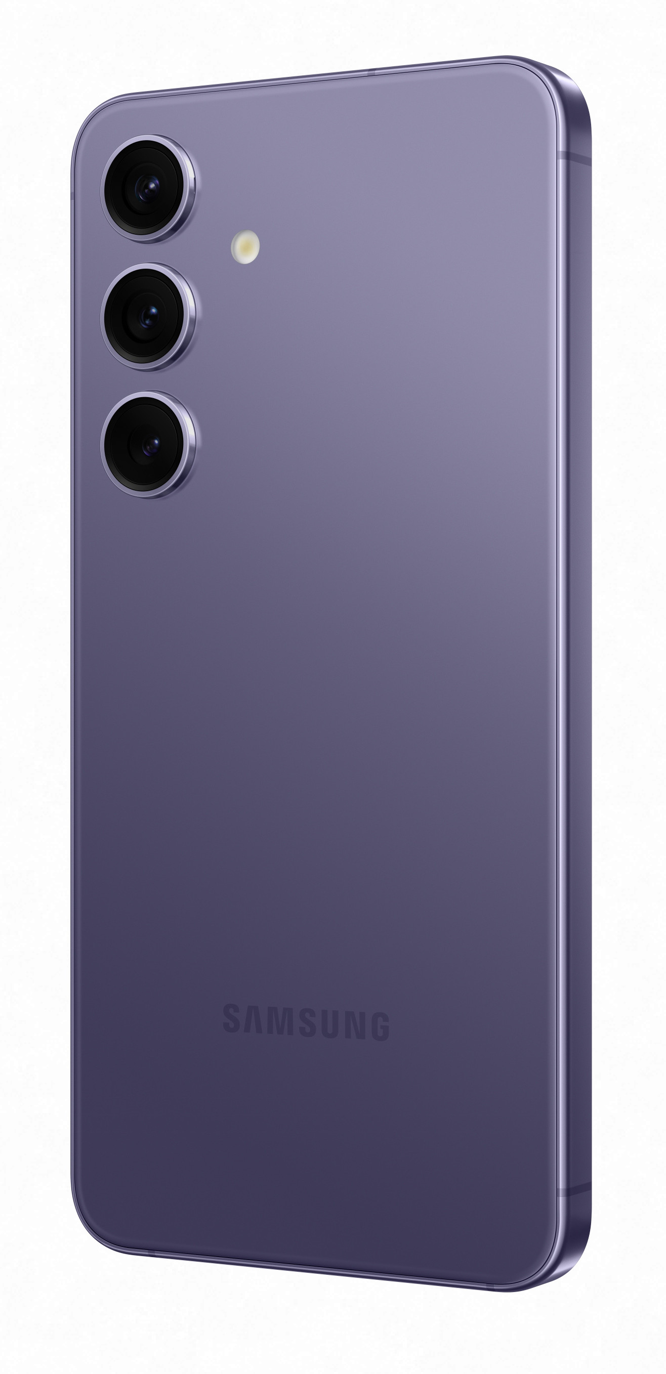 Fioletowy telefon pokazujący tył z aparatami i logo Samsung. Tło jest białe.