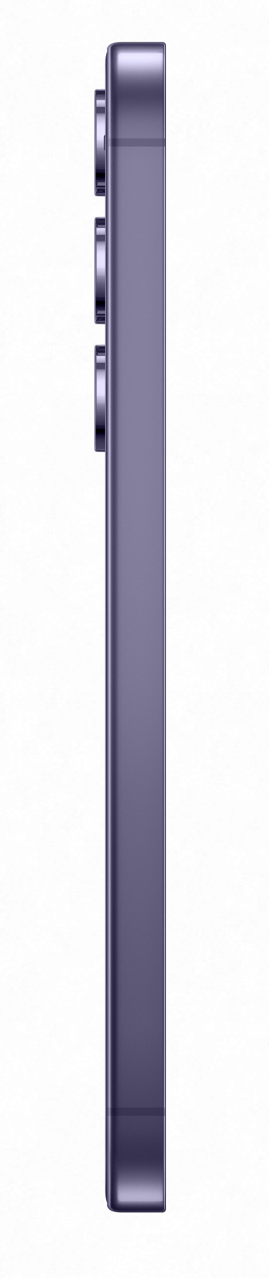 Widok z boku fioletowego smartfona z modułem aparatu, przyciskami i eleganckim designem.