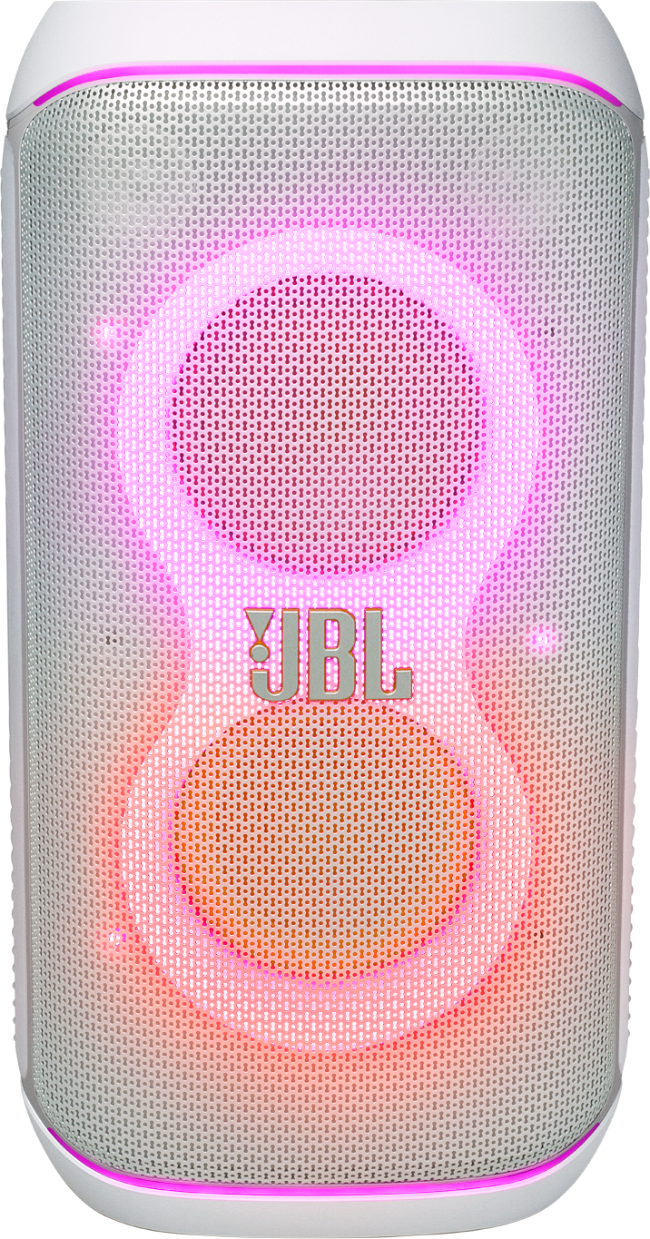 Weißer Lautsprecher mit bunten Lichtern und JBL-Logo.