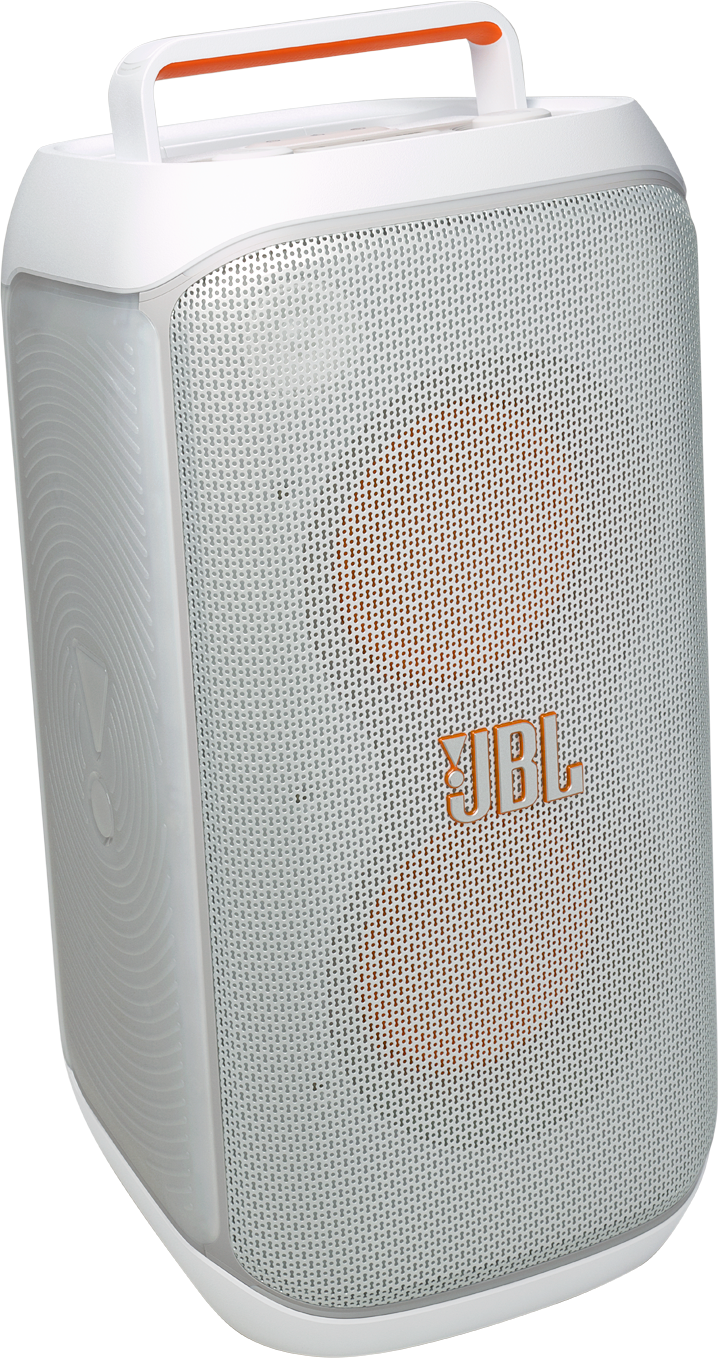 Weißer JBL-Lautsprecher mit orangefarbenem Mesh und Griff, zylindrische Form mit Kurven.