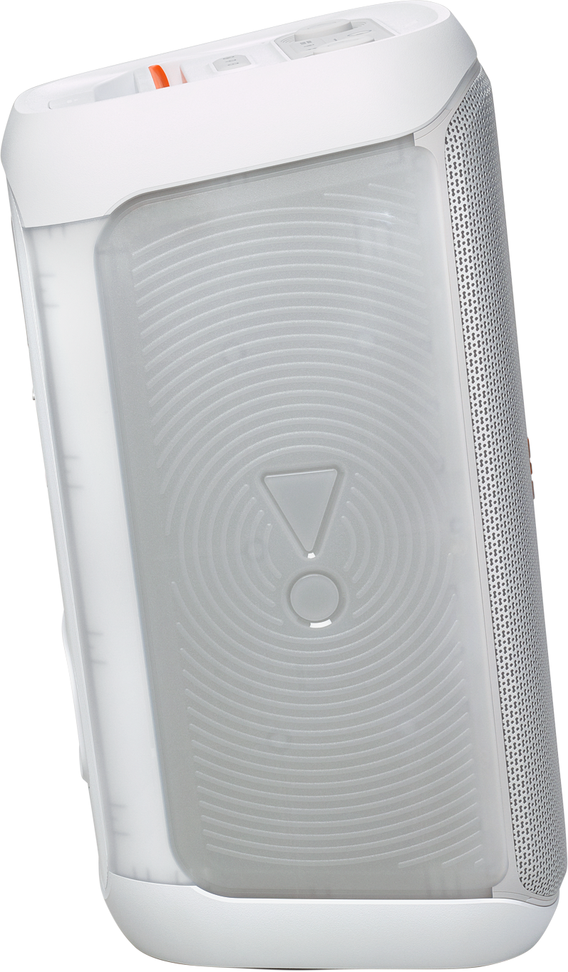 Weiß-grauer tragbarer Lautsprecher mit markantem Design und prominentem JBL-Logo auf der Vorderseite.