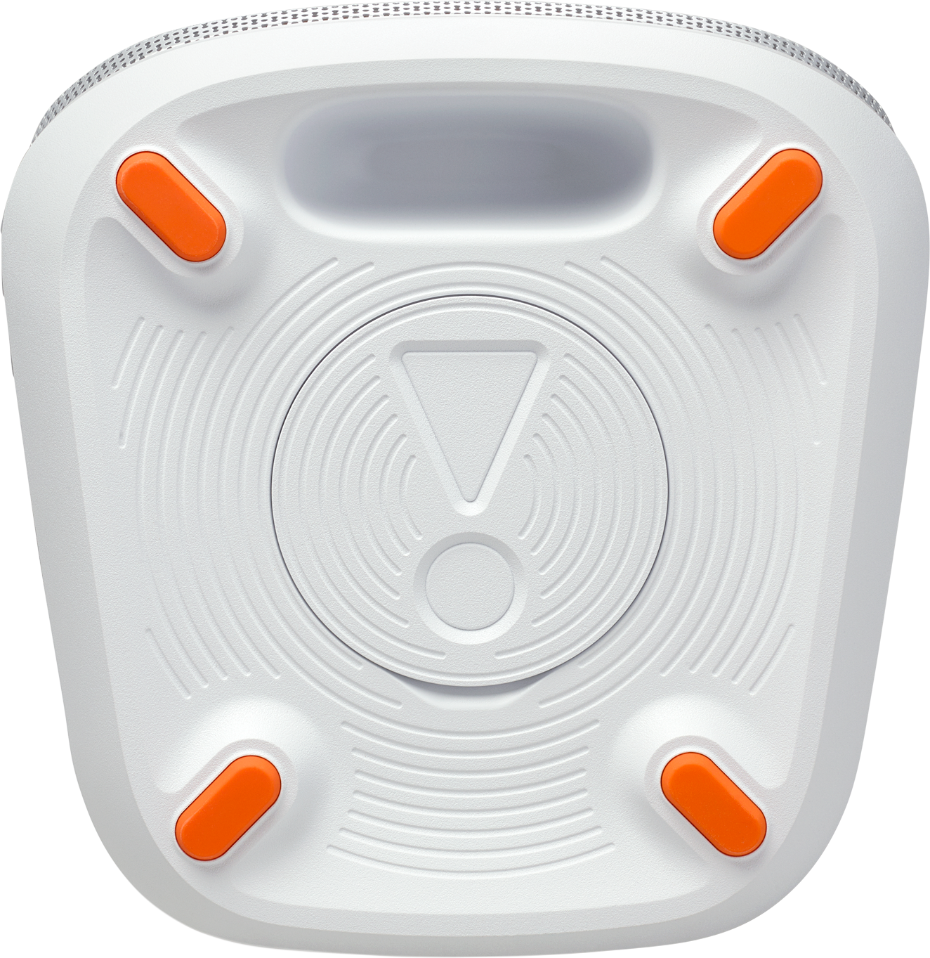 Draufsicht auf einen weißen JBL-Tragbarer Lautsprecher mit orangefarbenen Akzenten.