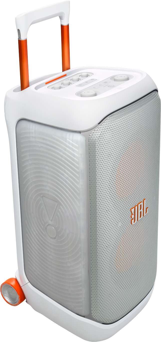 Weißer und orangefarbener JBL-Lautsprecher auf Rädern. Hat Knöpfe und das JBL-Logo.