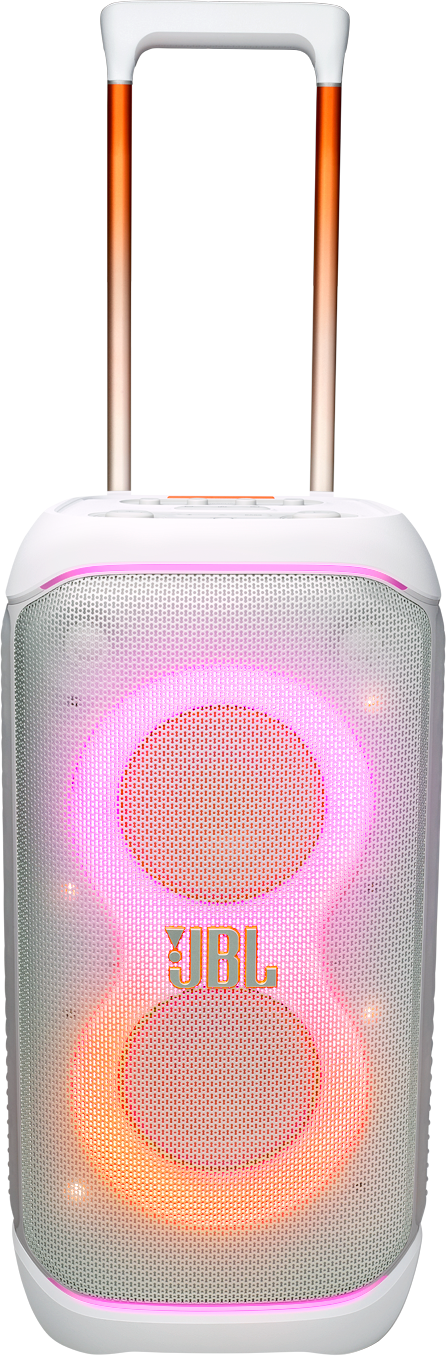 Ein weißer JBL-Lautsprecher mit orangefarbener und rosa Beleuchtung, einem Griff und einer Mesh-Front.