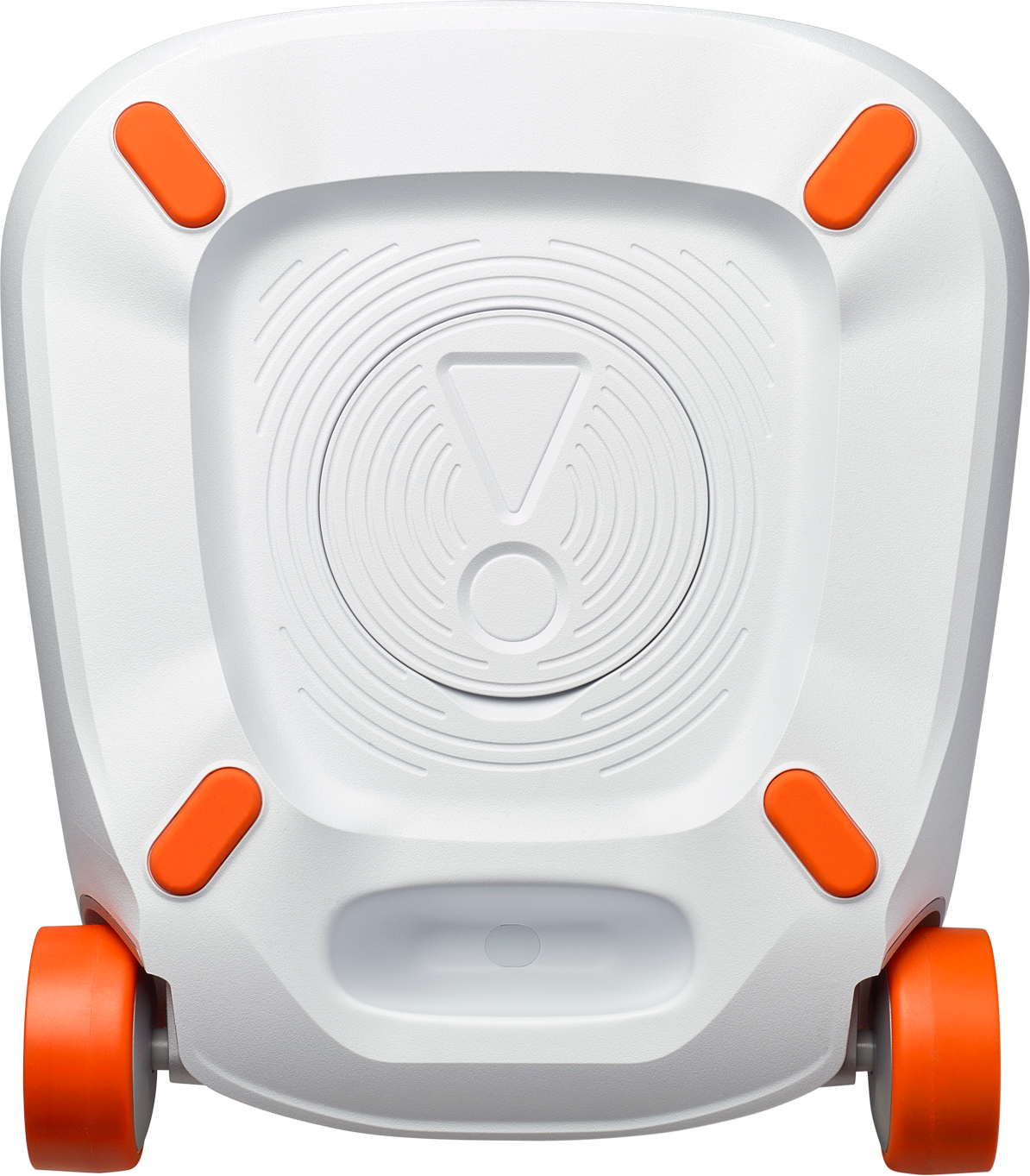 Weiße JBL-Lautsprecherbasis mit orangefarbenen Akzenten und Rädern. Es hat ein Mittellogo.