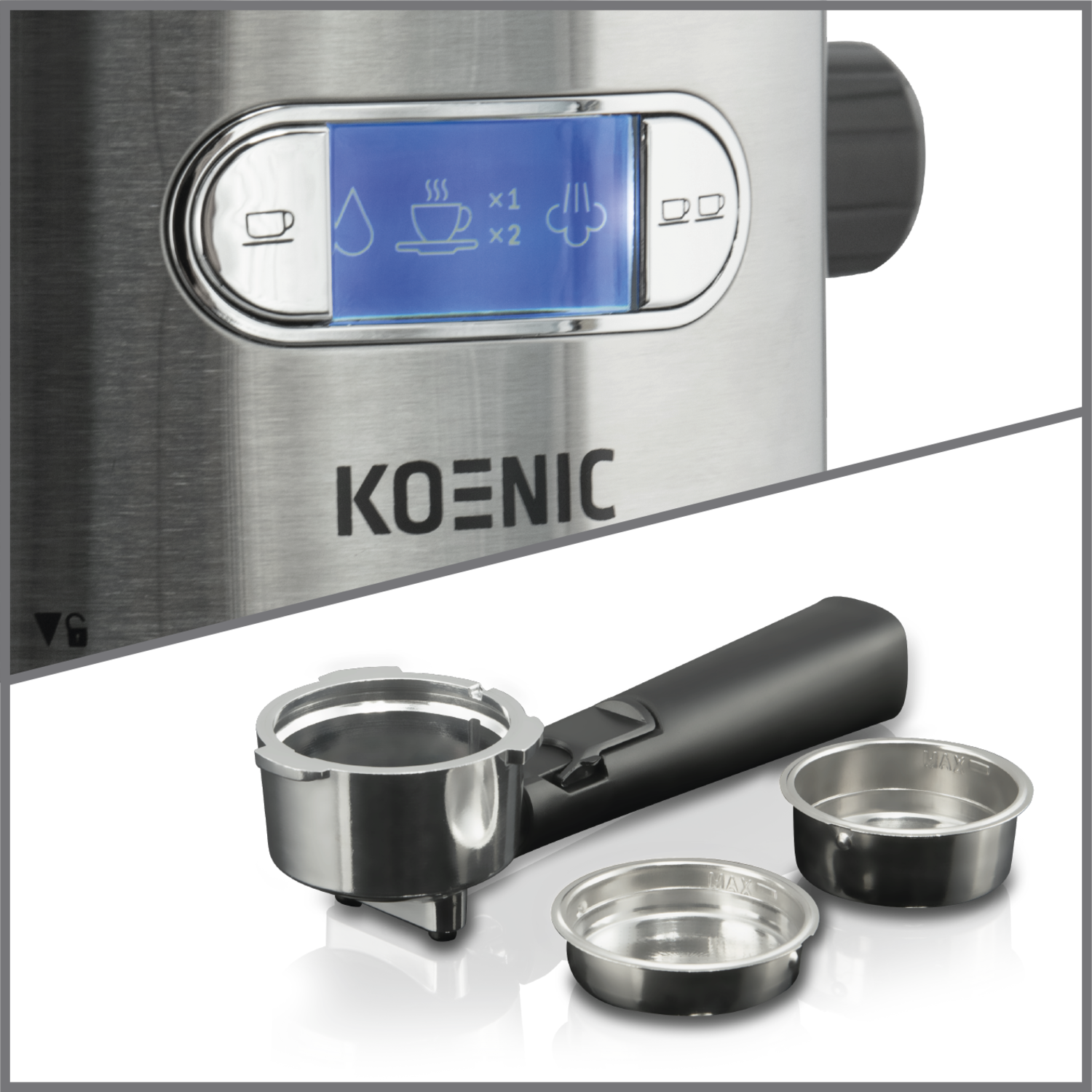 Een Koenic koffiemachine met bedieningspaneel en accessoires, waaronder een portafilter.
