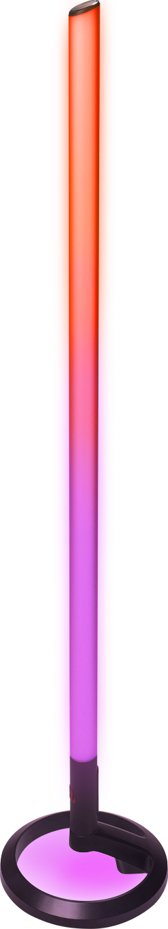 Lampe haute et verticale avec base circulaire, passant du violet à l'orange.