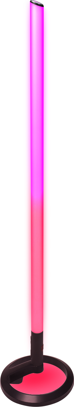 Un tube haut et éclairé avec une base ronde. Il passe du rose au rouge. Fond noir.