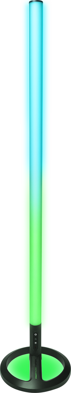 Un bâton lumineux LED grand et coloré sur une base noire.