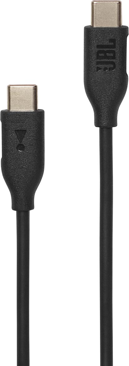 Câble USB-C JBL noir. Deux extrémités sont visibles. Logo JBL sur une extrémité.