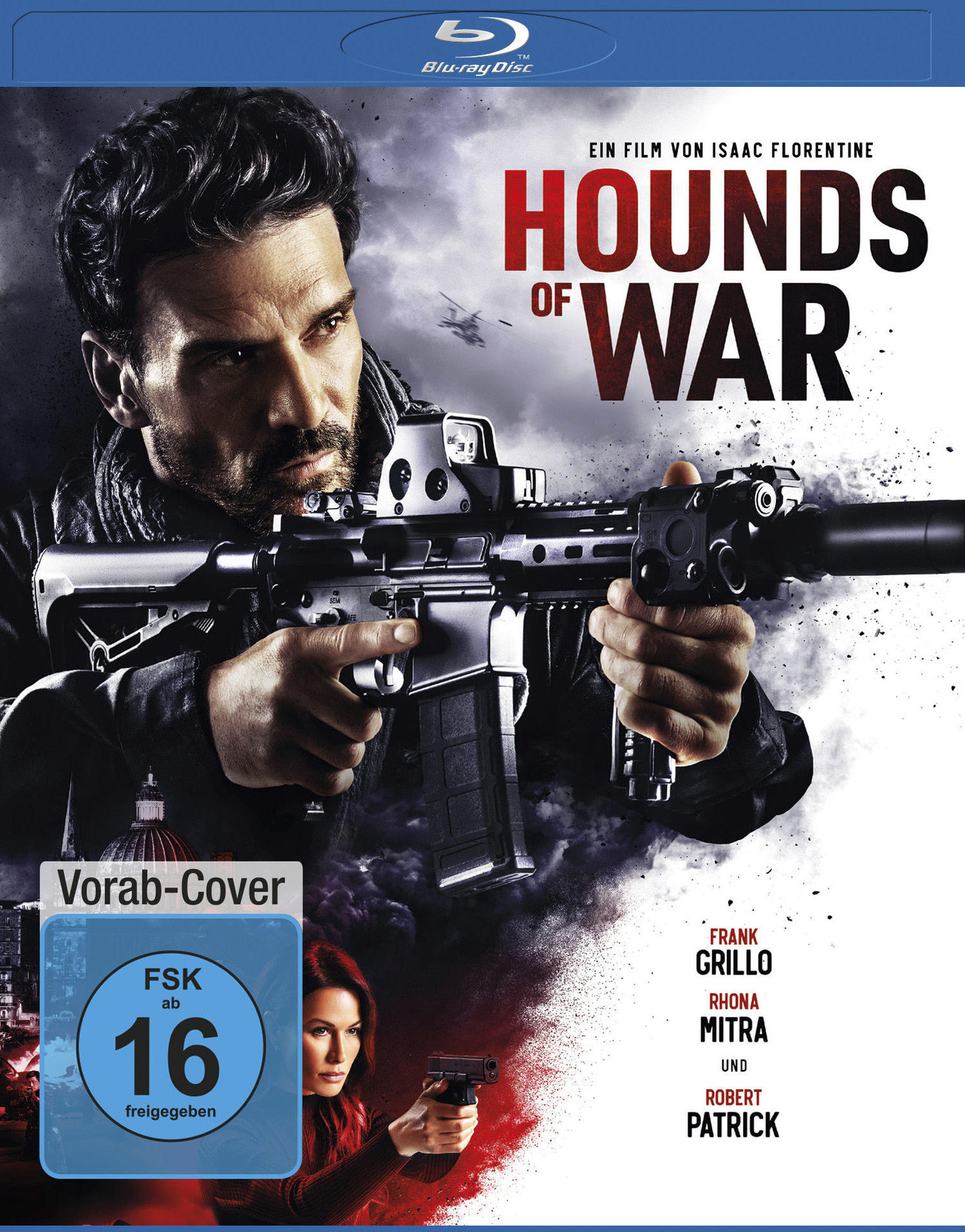 Filmposter 'Hounds of War' mit einem Mann, der eine Waffe hält, mit Text und Logo.