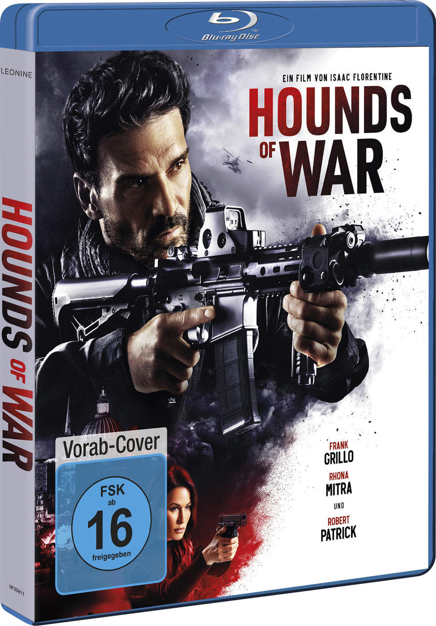 Filmcover: Mann mit Waffe, Titel: Hounds of War. Unten: Frau mit Waffe. Blu-ray Disc.