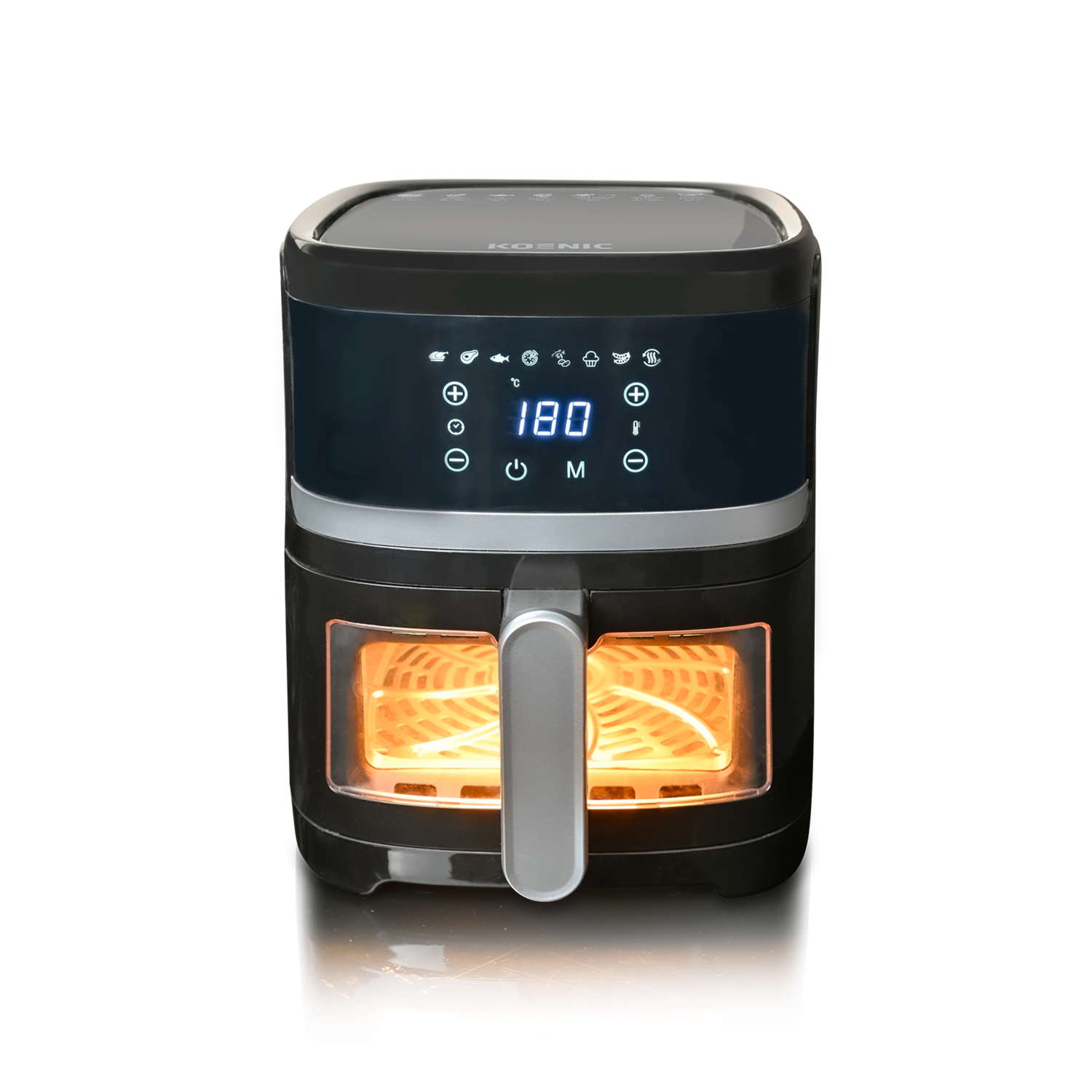 Zwarte airfryer met digitaal display 180. Binnenkant oranje verlicht.