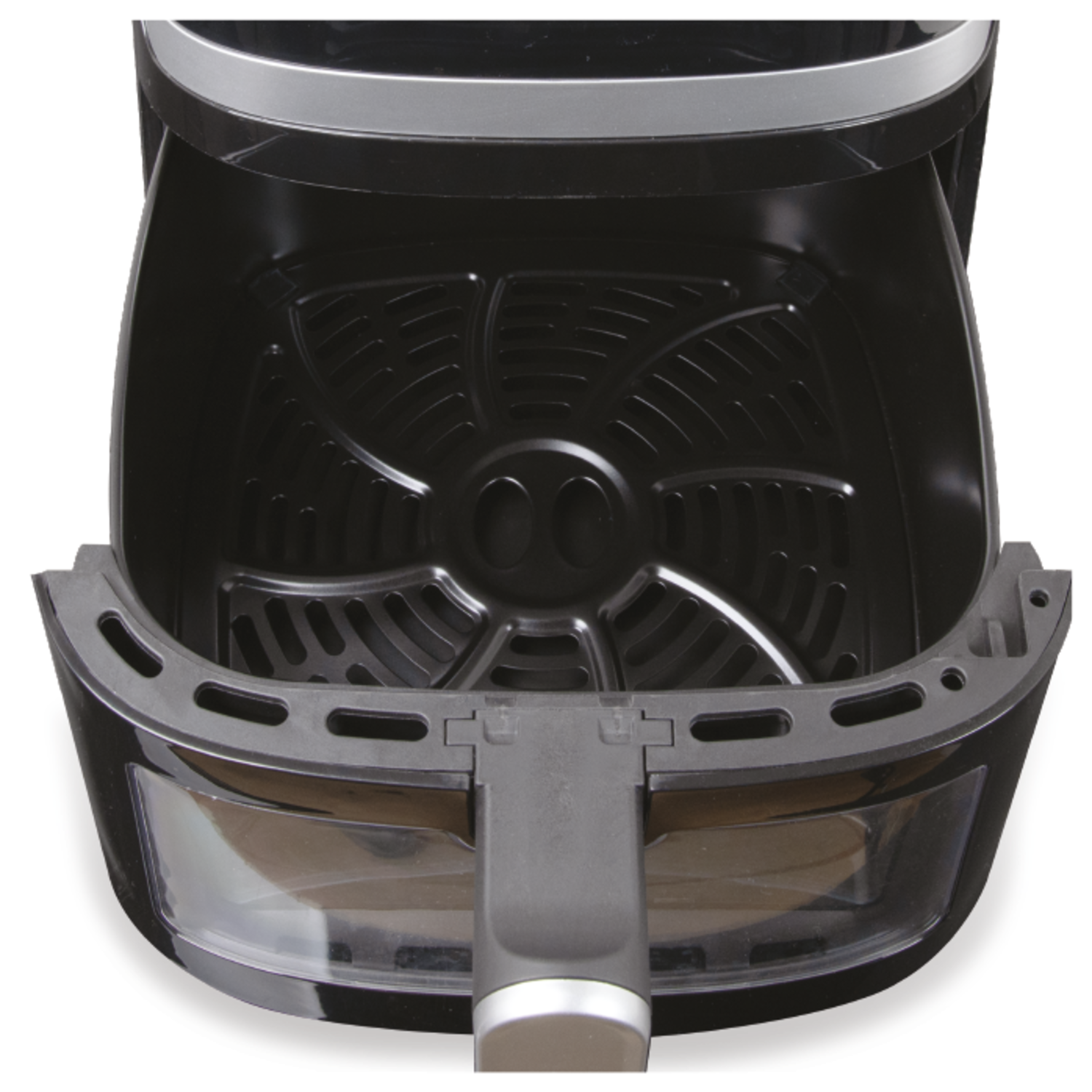Zwarte airfryer binnenkant, een mandje met een ventilator. De binnenstructuur is zichtbaar.