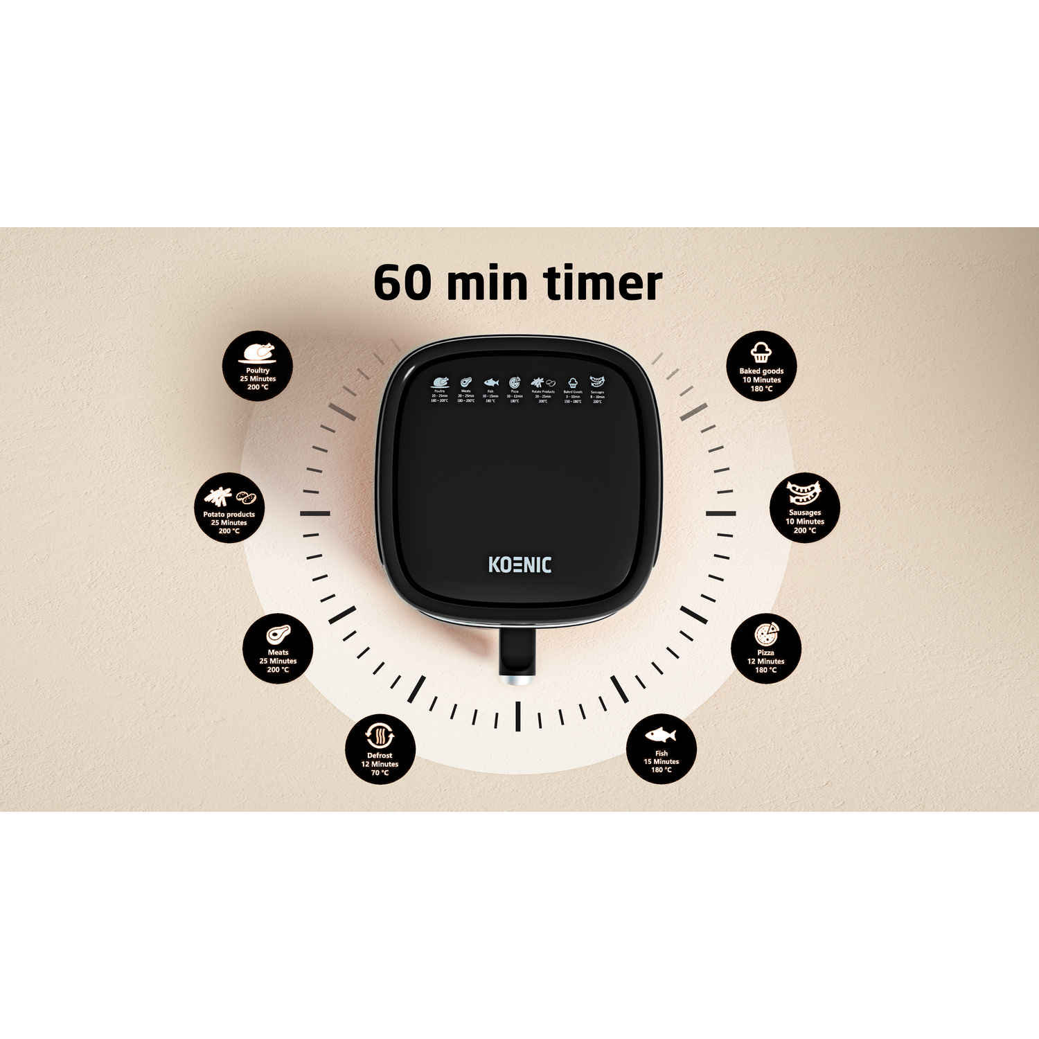 Zwarte airfryer met timerknop en voedselpictogrammen. 60 min timer. Beige achtergrond.
