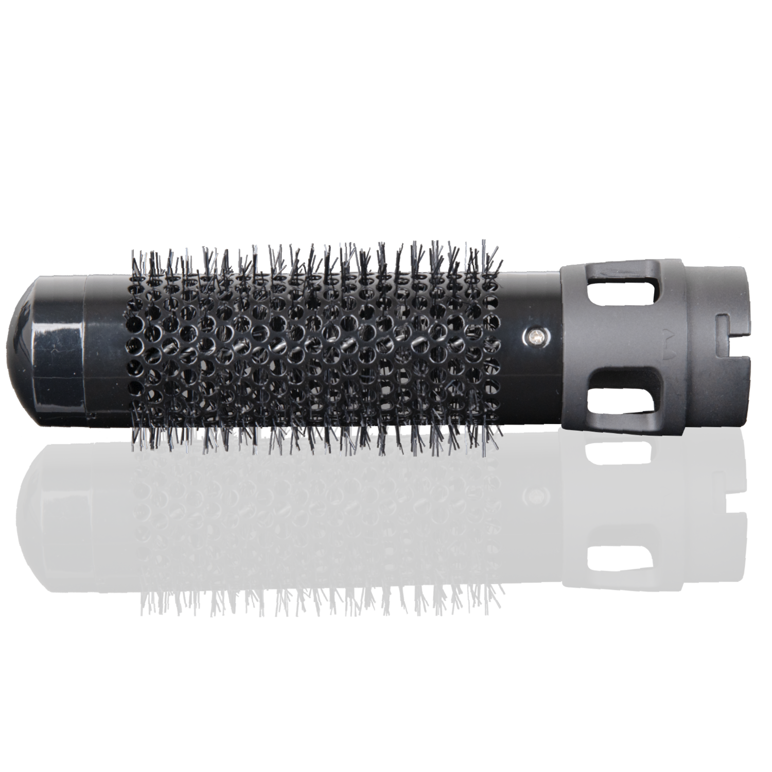 Black hair styling brush with black bristles, reflected below.