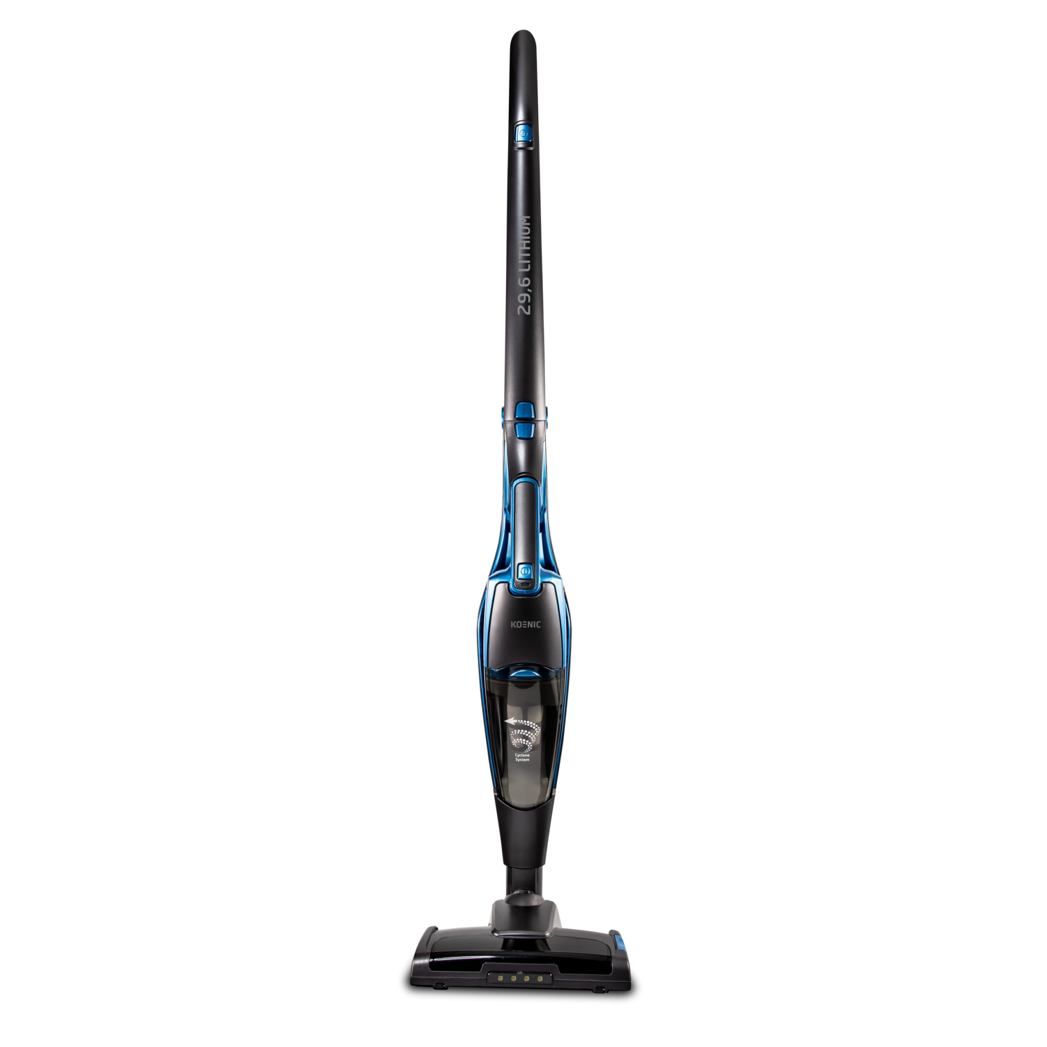 Black and blue stick vacuum cleaner on a black background. Features a long handle.