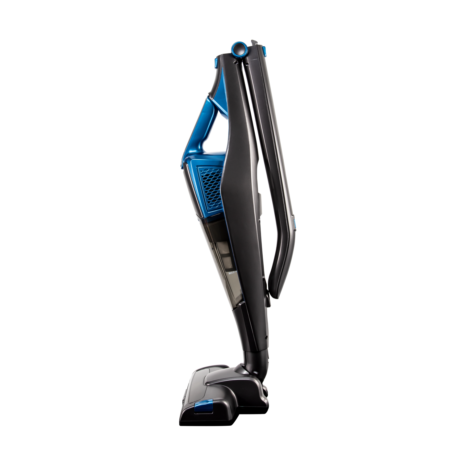Black and blue vacuum cleaner. Side view. Shows the body, handle, and brush.