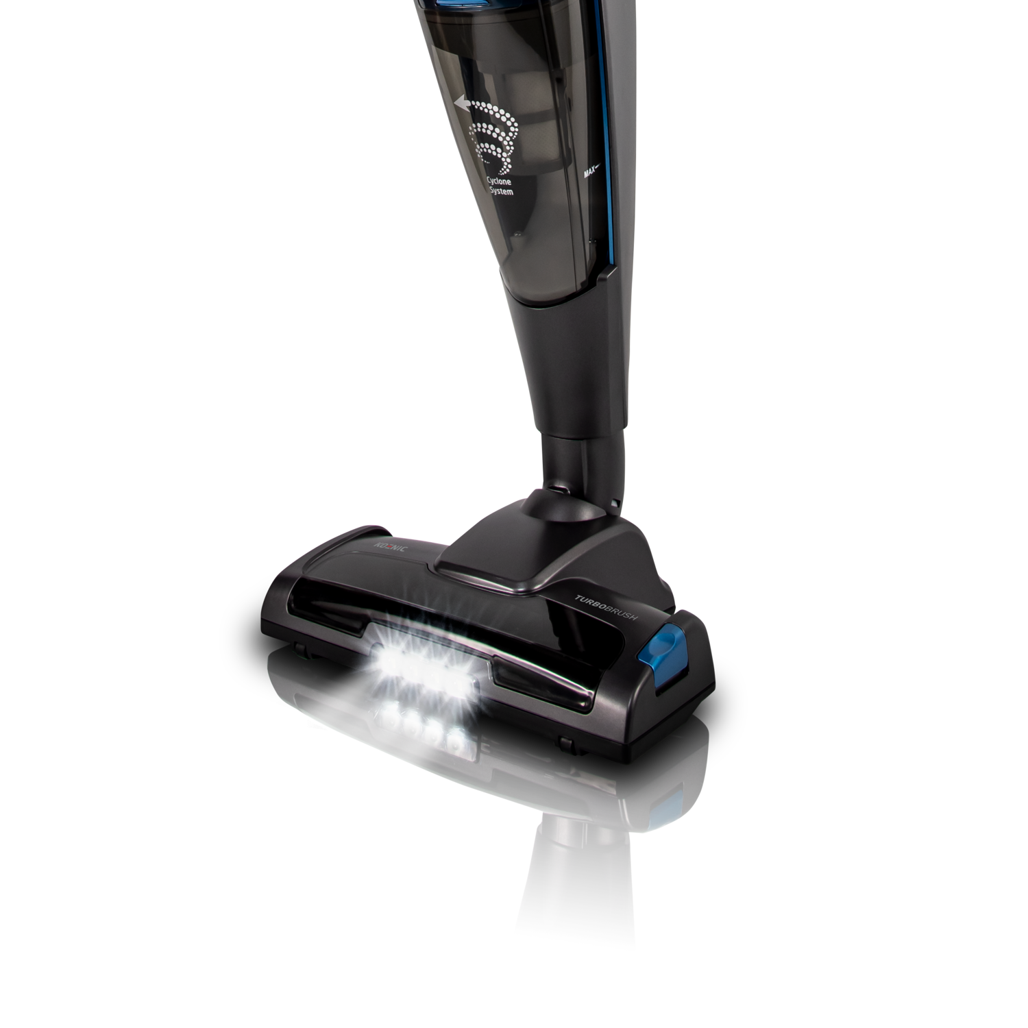 Black vacuum cleaner with lights, reflecting on a dark surface.