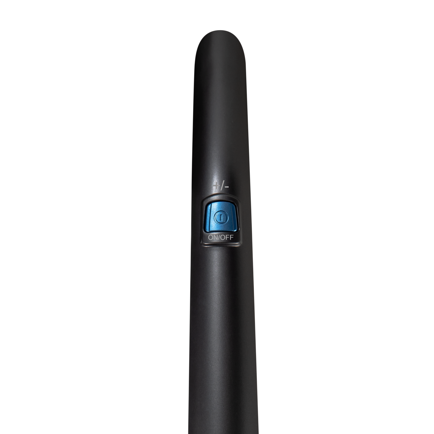 Black microphone with an on/off button. Close up on a black background.