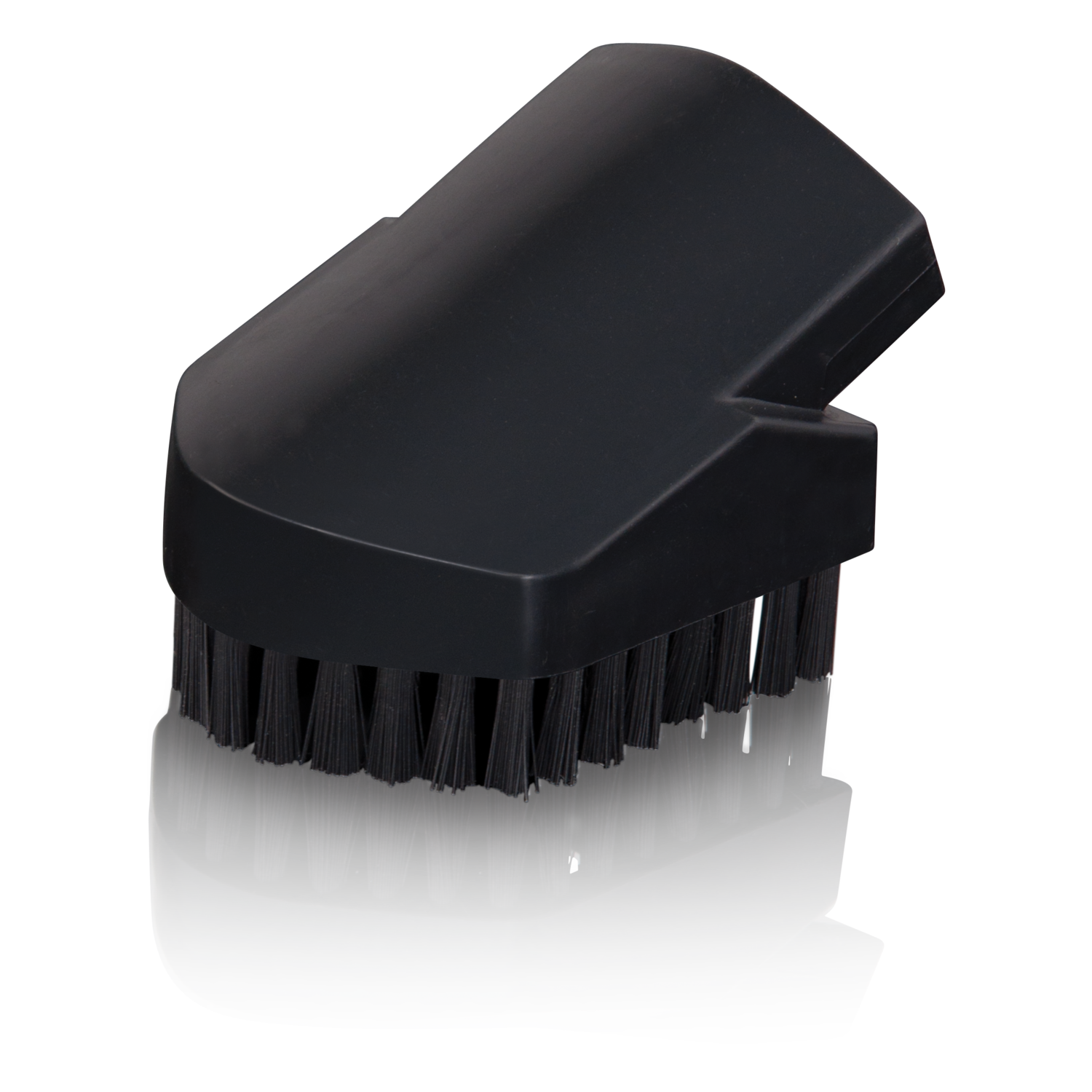 Black cleaning brush, angled, with bristles visible.