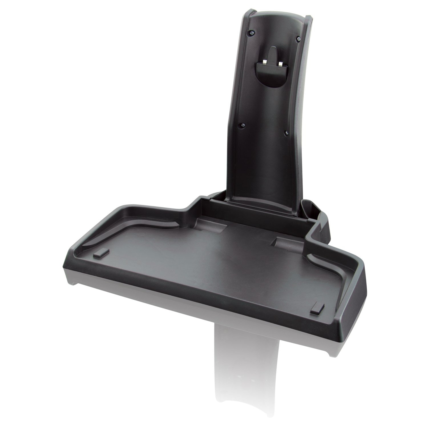 Black vacuum cleaner wall mount. Angled view. Black background.