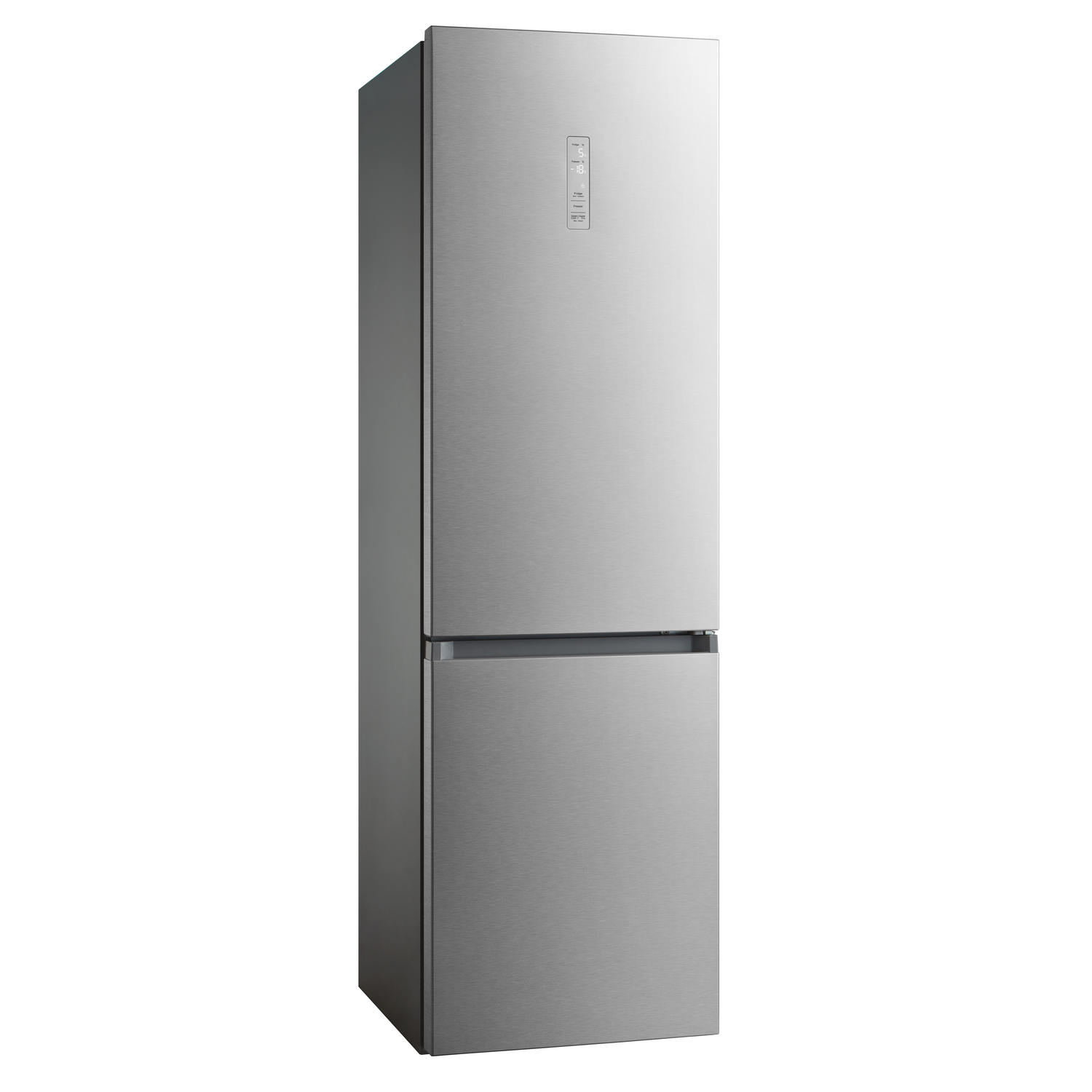 A silver refrigerator with a bottom freezer and a top section, isolated on a white background.