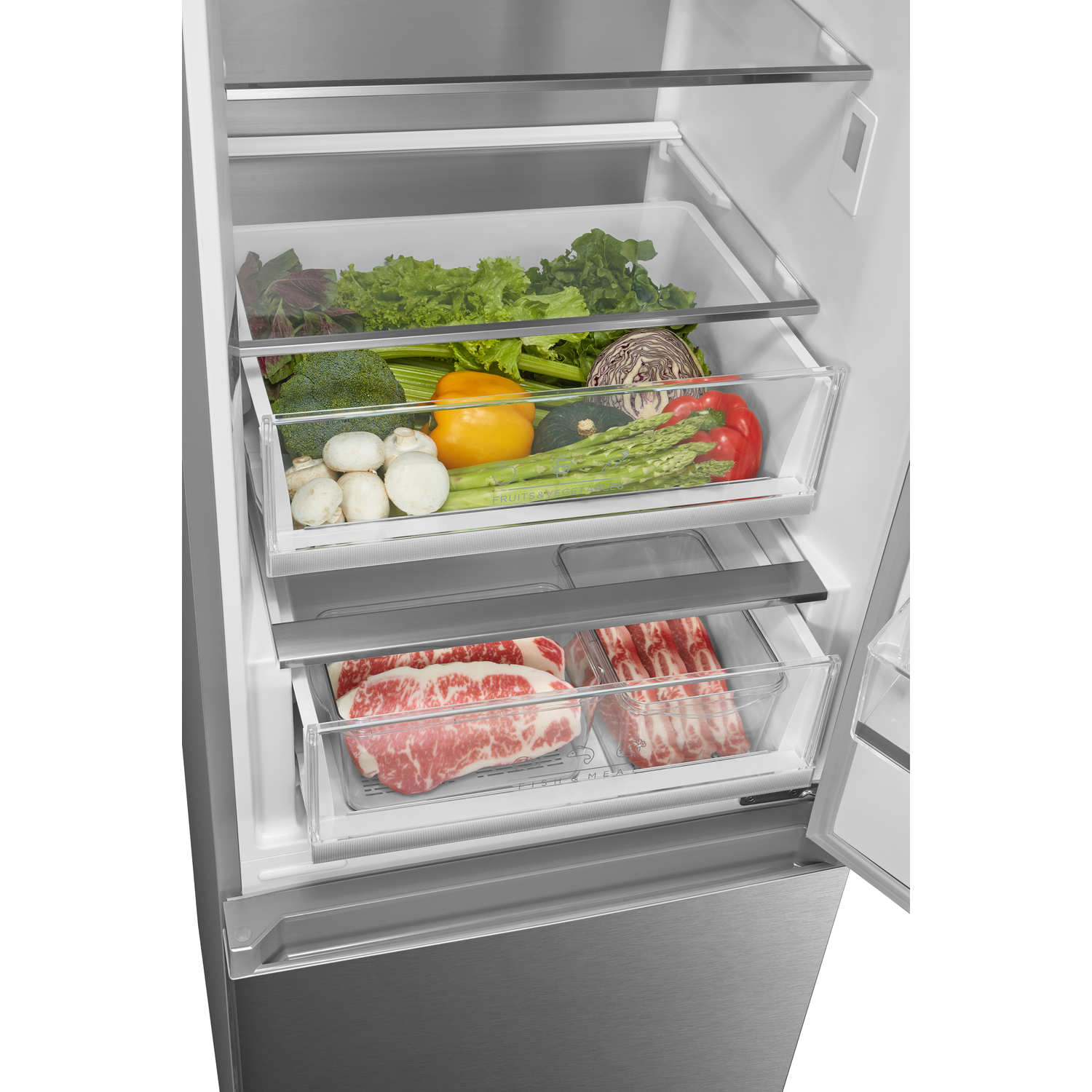 Refrigerator interior with vegetables, mushrooms, and meat in clear drawers.