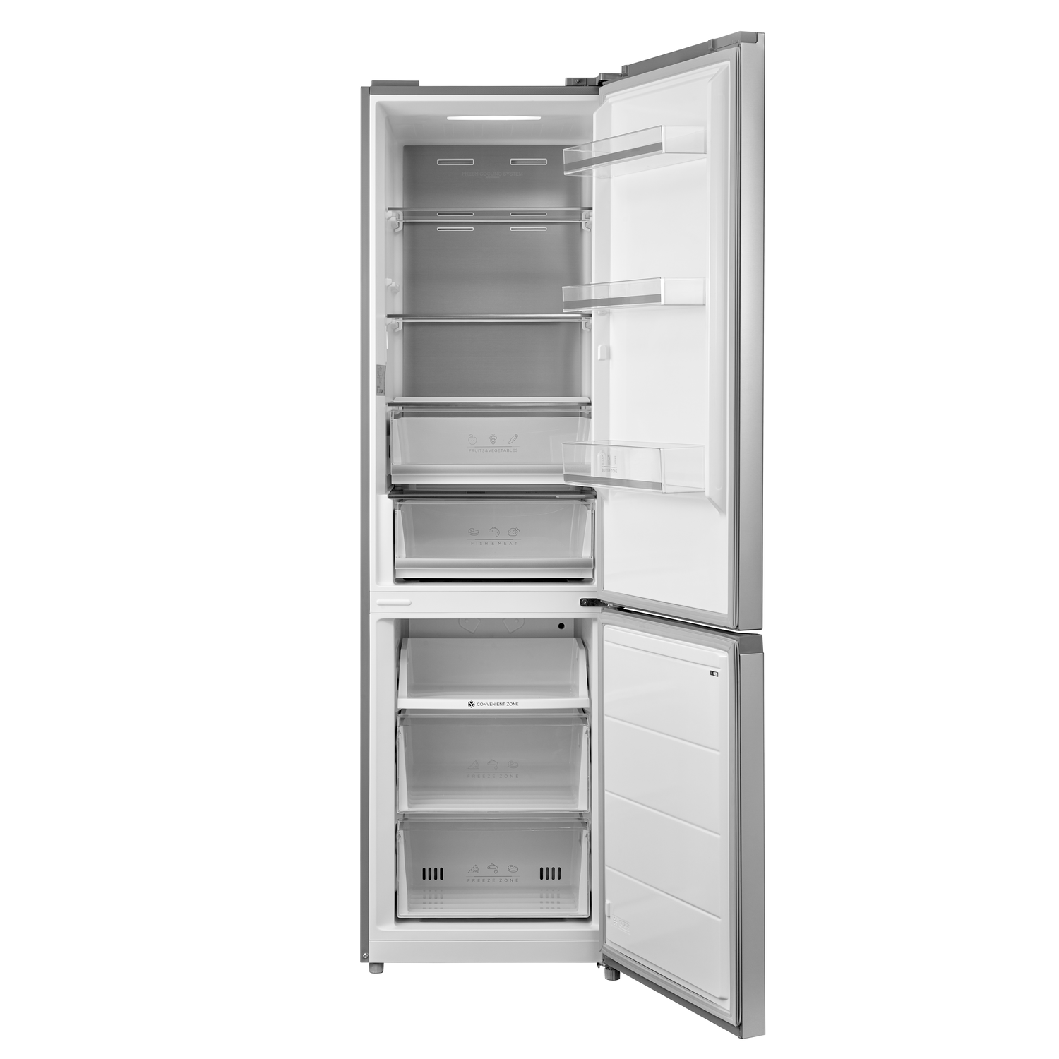 Open refrigerator showing shelves and drawers. Silver exterior, white interior, and items inside.