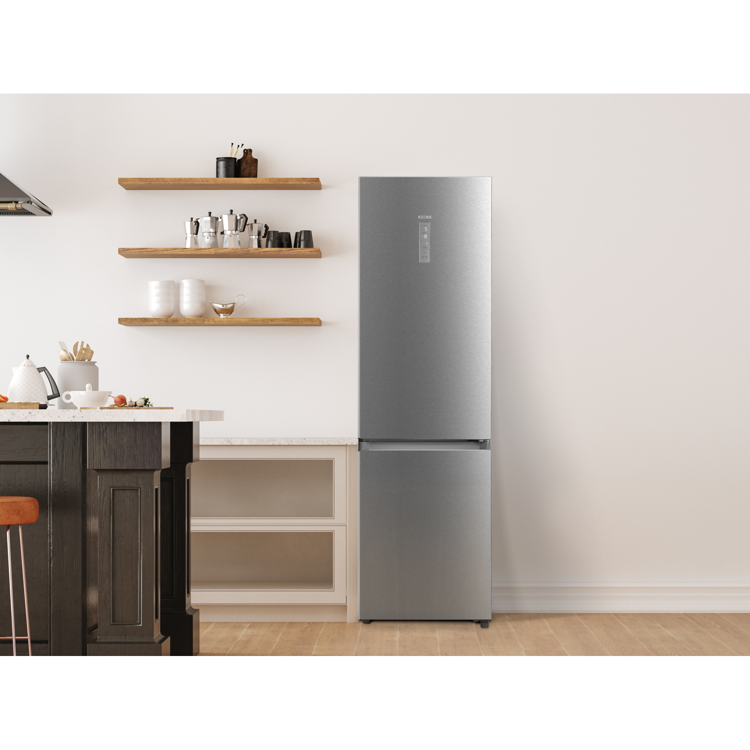 A modern kitchen with a silver refrigerator and wooden shelves with decor.