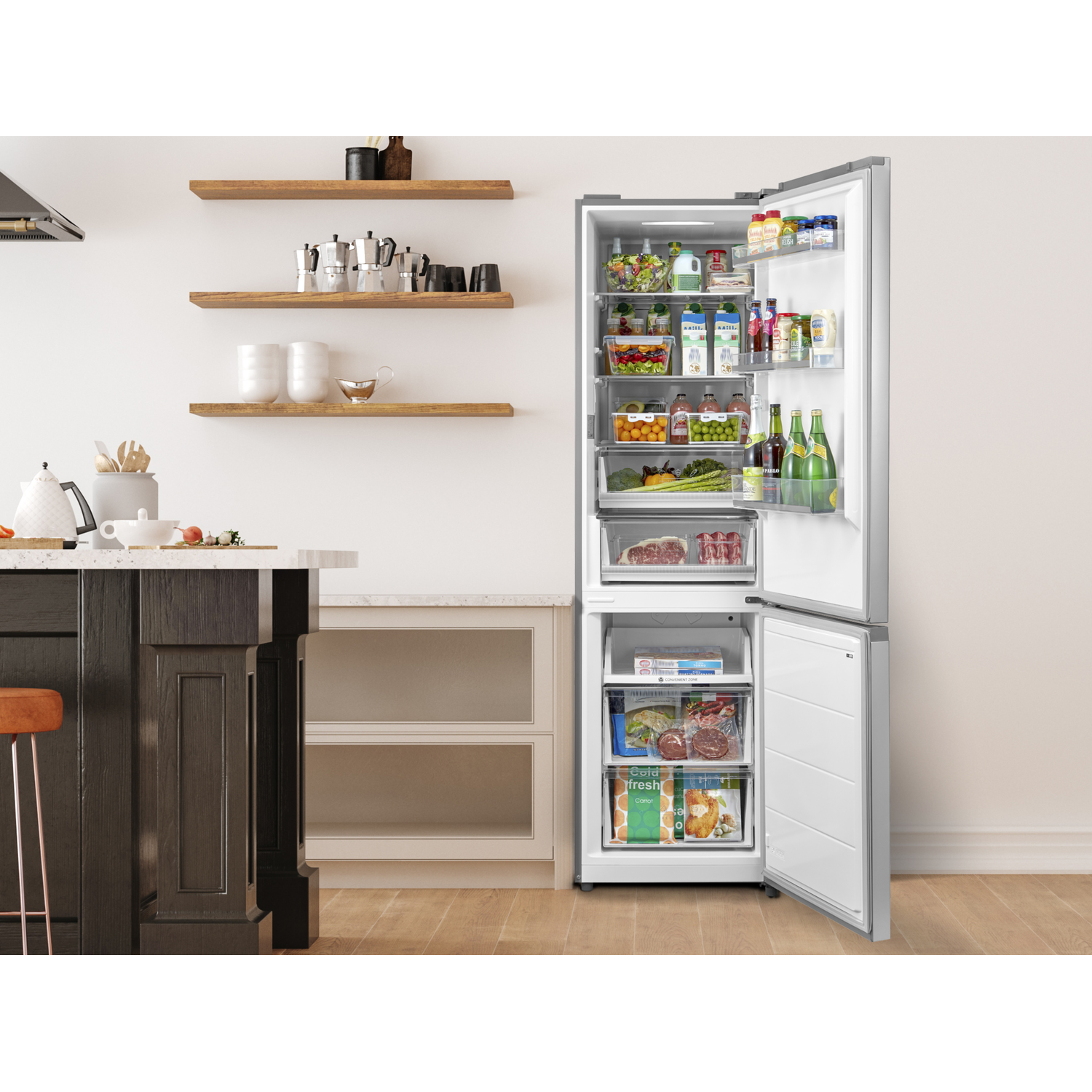 Opened refrigerator in a kitchen. Shelves are filled with food items.