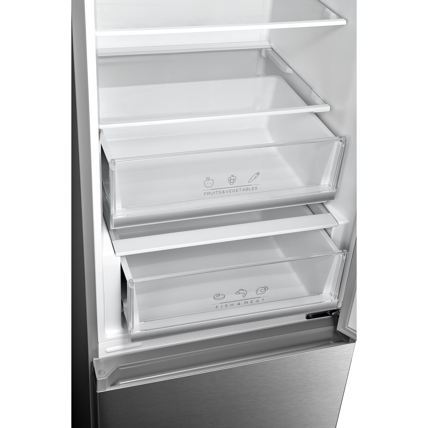 Een open koelkast met twee doorzichtige lades met de labels 'Fruits&Vegetables' en 'Fish&Meat'.