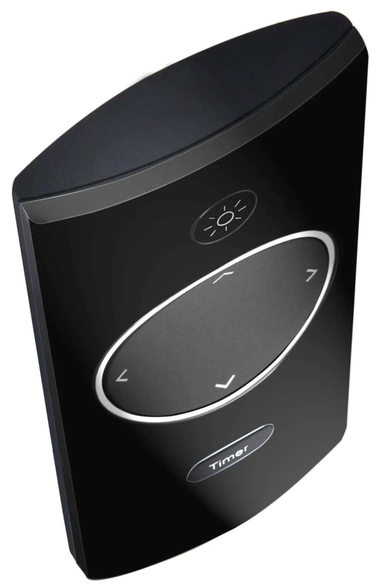 Czarny panel sterowania z owalnymi przyciskami, timerem i ikoną światła, widok pod kątem.