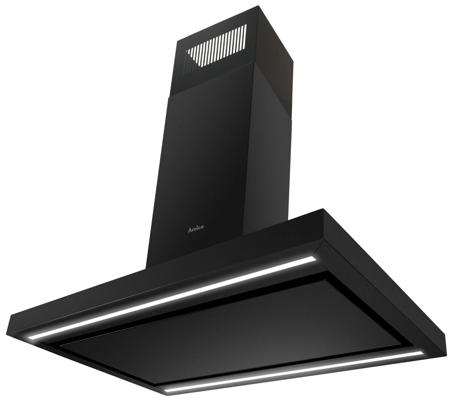 Czarny okap z dwoma białymi paskami LED i widoczną marką Amica.