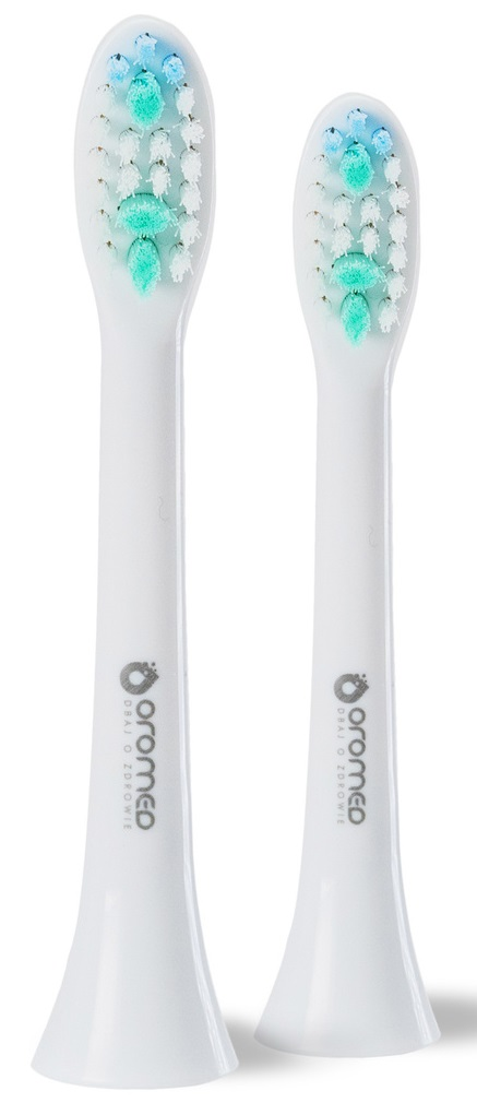 Dwie białe główki szczoteczki do zębów z niebieskim i zielonym włosiem.