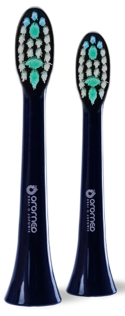 Dwie niebieskie głowice szczoteczki do zębów z zielonym i białym włosiem na białym tle.