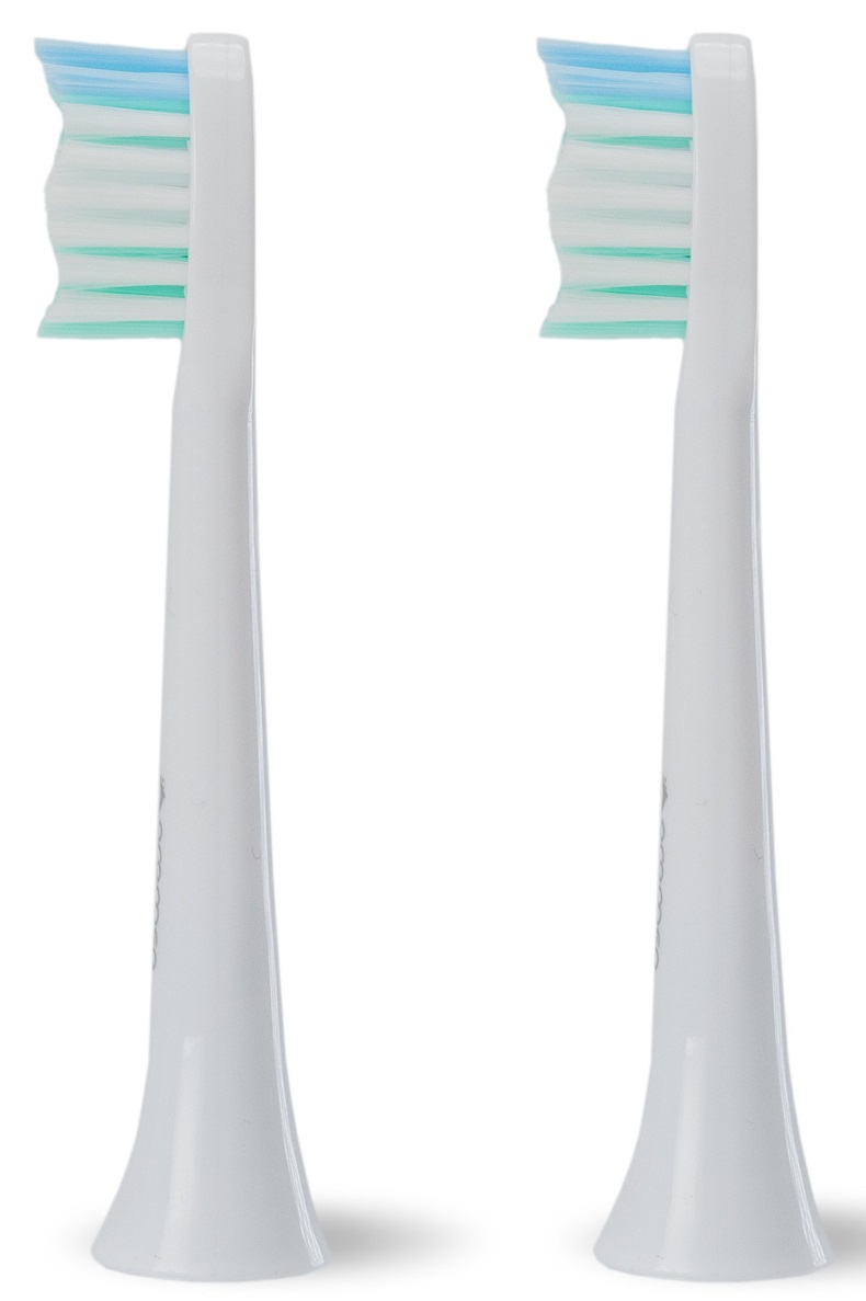 Pokazano dwie białe główki szczoteczek do zębów z niebieskim i zielonym włosiem.