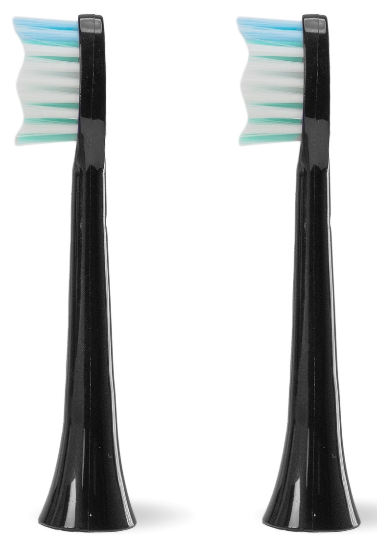 Dwie czarne głowice szczoteczki do zębów z białym i niebieskim włosiem, na białym tle.