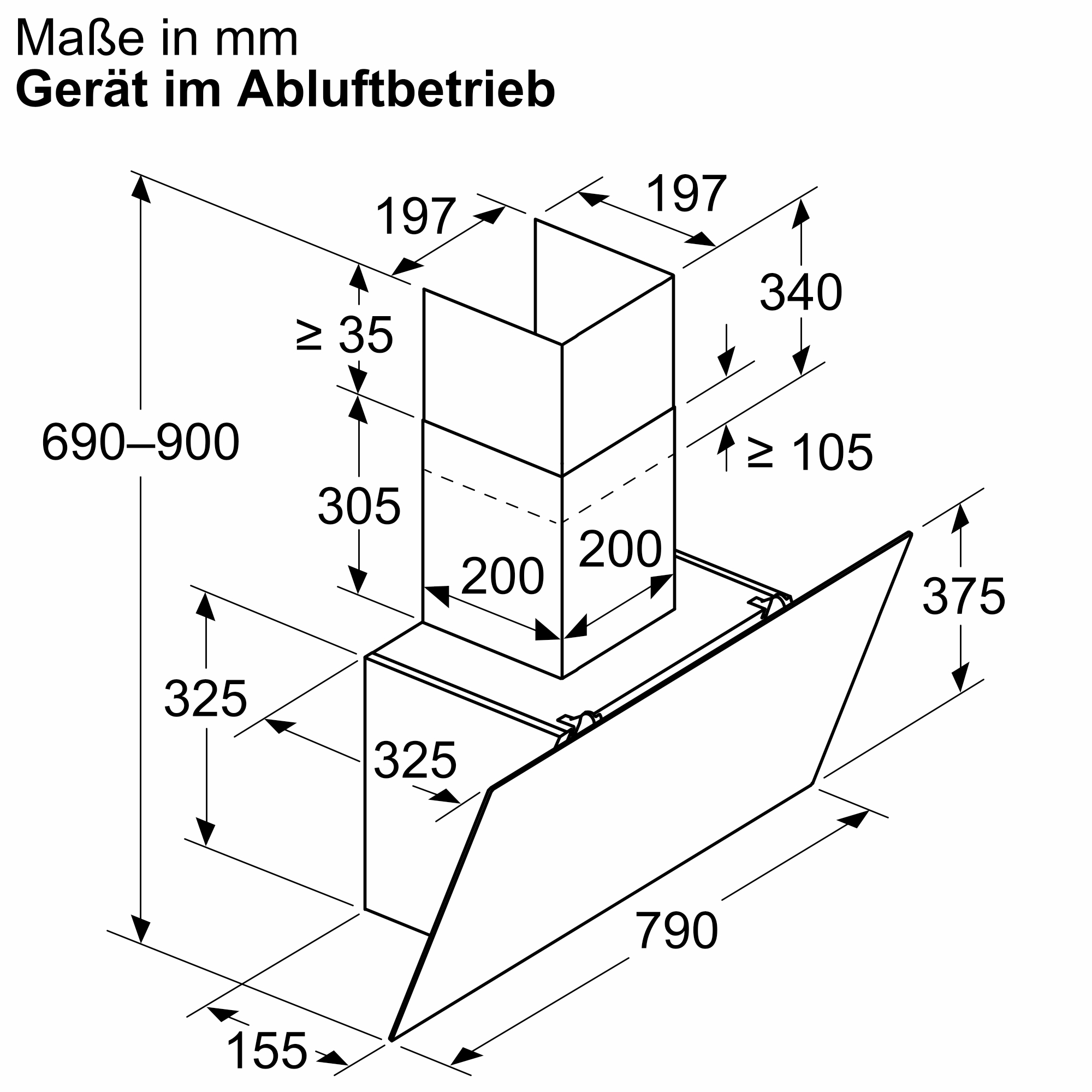 Technische Zeichnung einer Dunstabzugshaube mit Abmessungen in mm auf weißem Hintergrund.