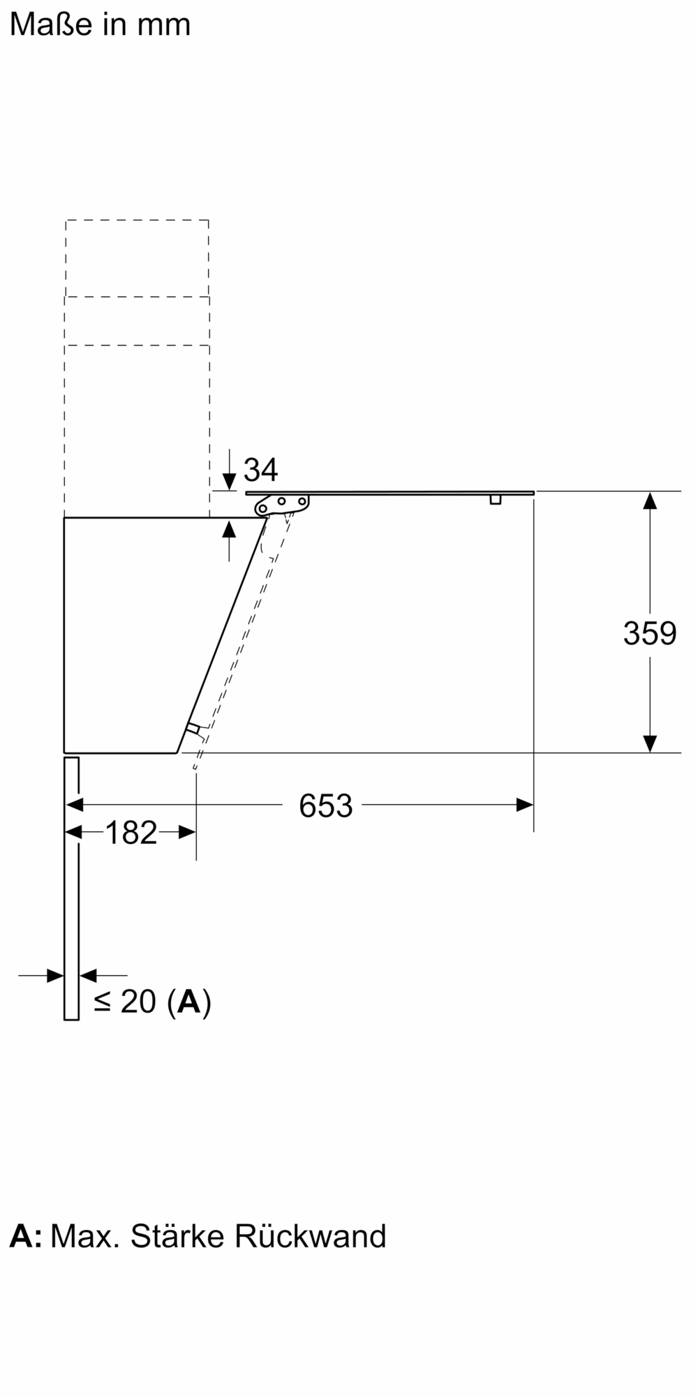 Diagramm einer Dunstabzugshaube, Abmessungen und Installationsdetails zeigend.