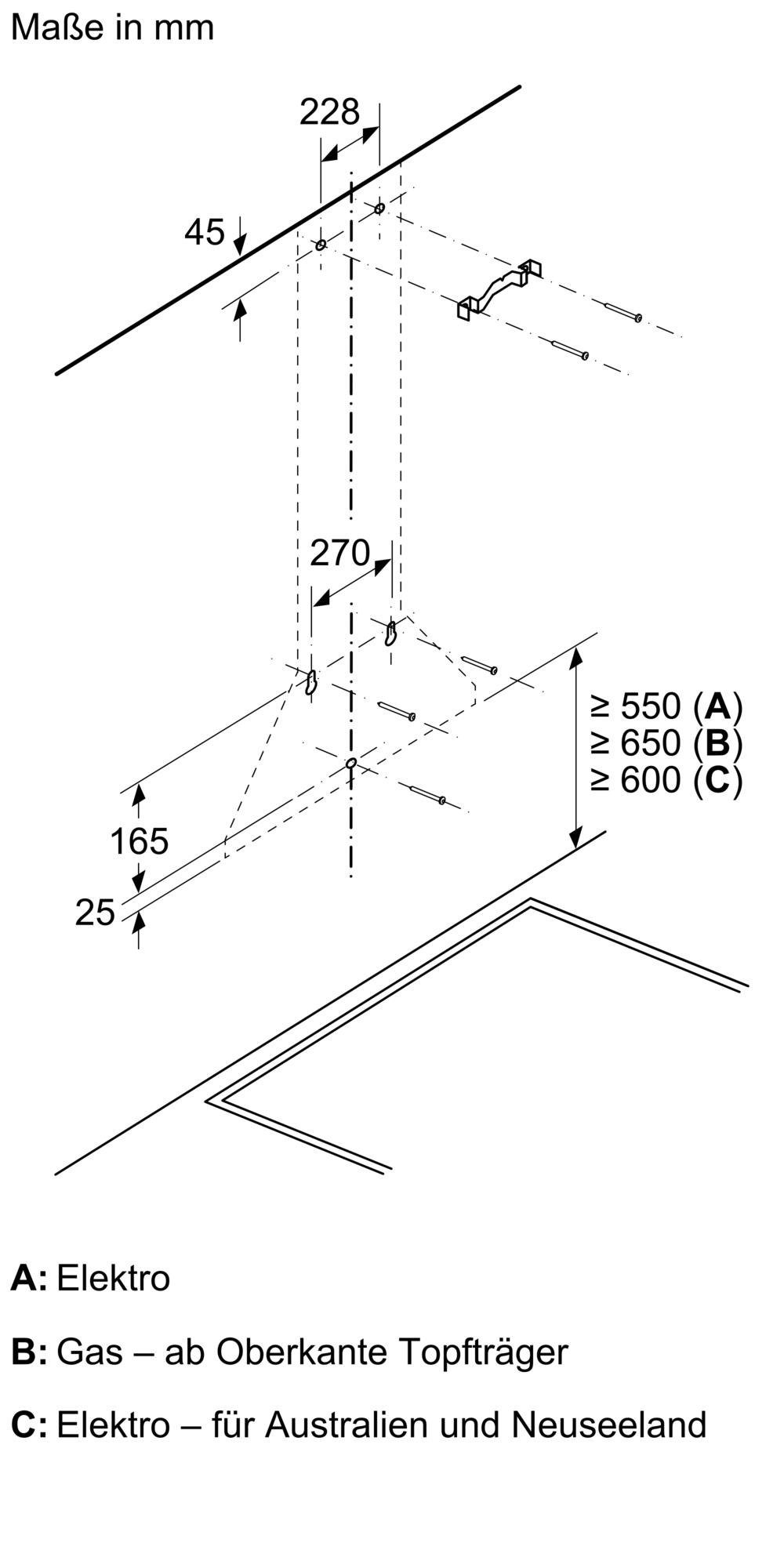 Diagramm der Installationsmaße für ein Küchengerät. Enthält Maße in Millimetern.