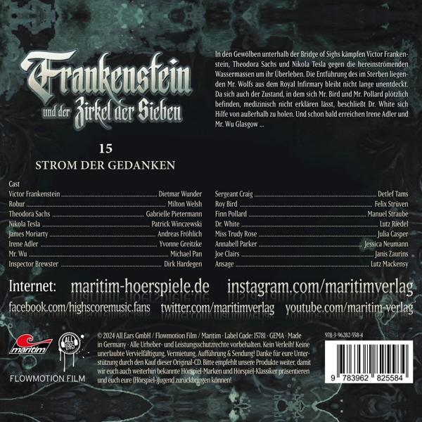 Cover-Art für das Hörspiel 'Frankenstein'. Enthält Titel, Besetzungsliste und eine dunkle, gotische Illustration.