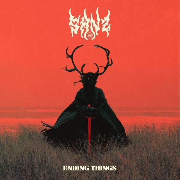 Albumcover-Kunst. Figur mit Geweih und Umhang. Roter Hintergrund, einfacher Text: SANZ, Ending Things.