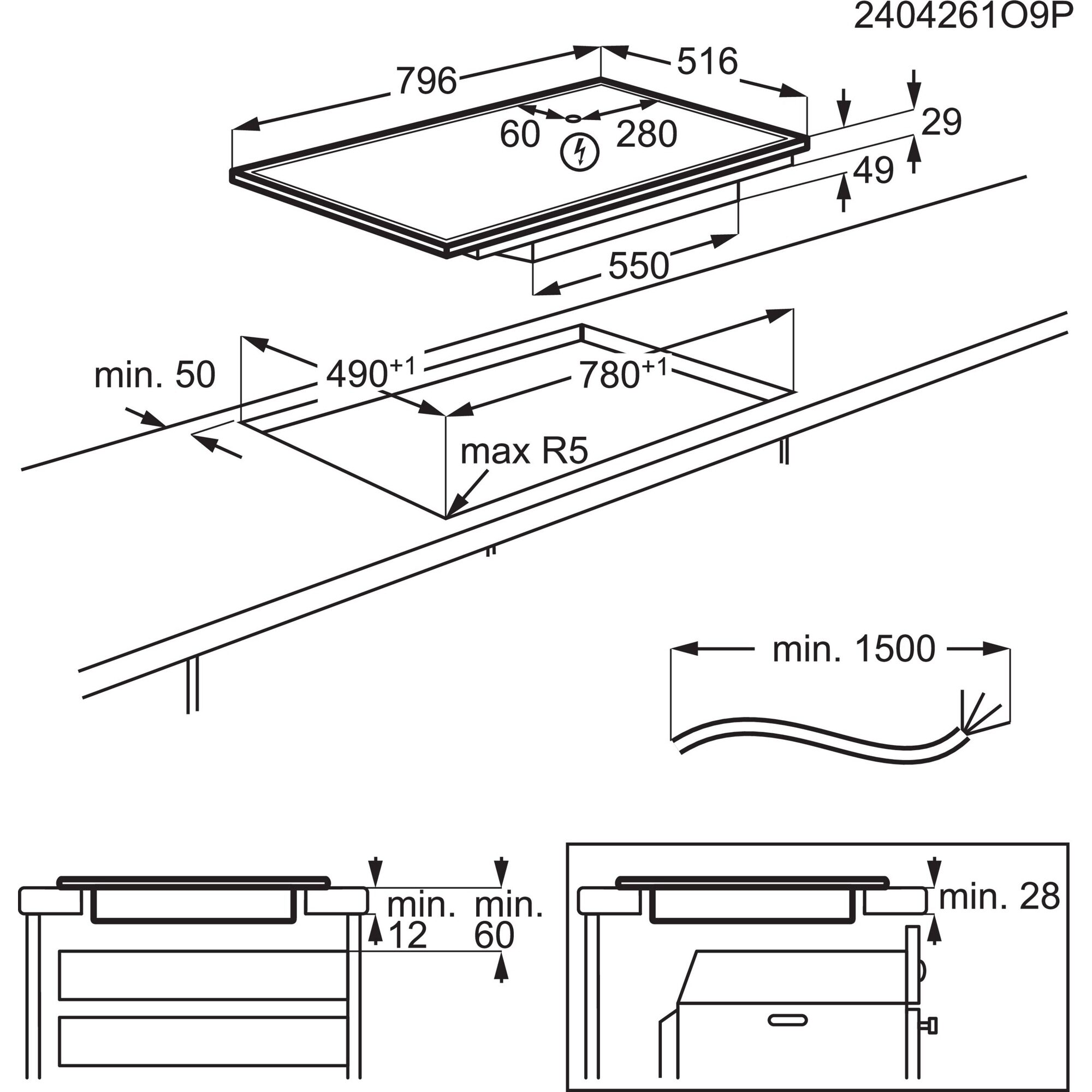 Schema eines Kochfelds mit Maßen und Installationsanweisungen in Schwarzweiß.