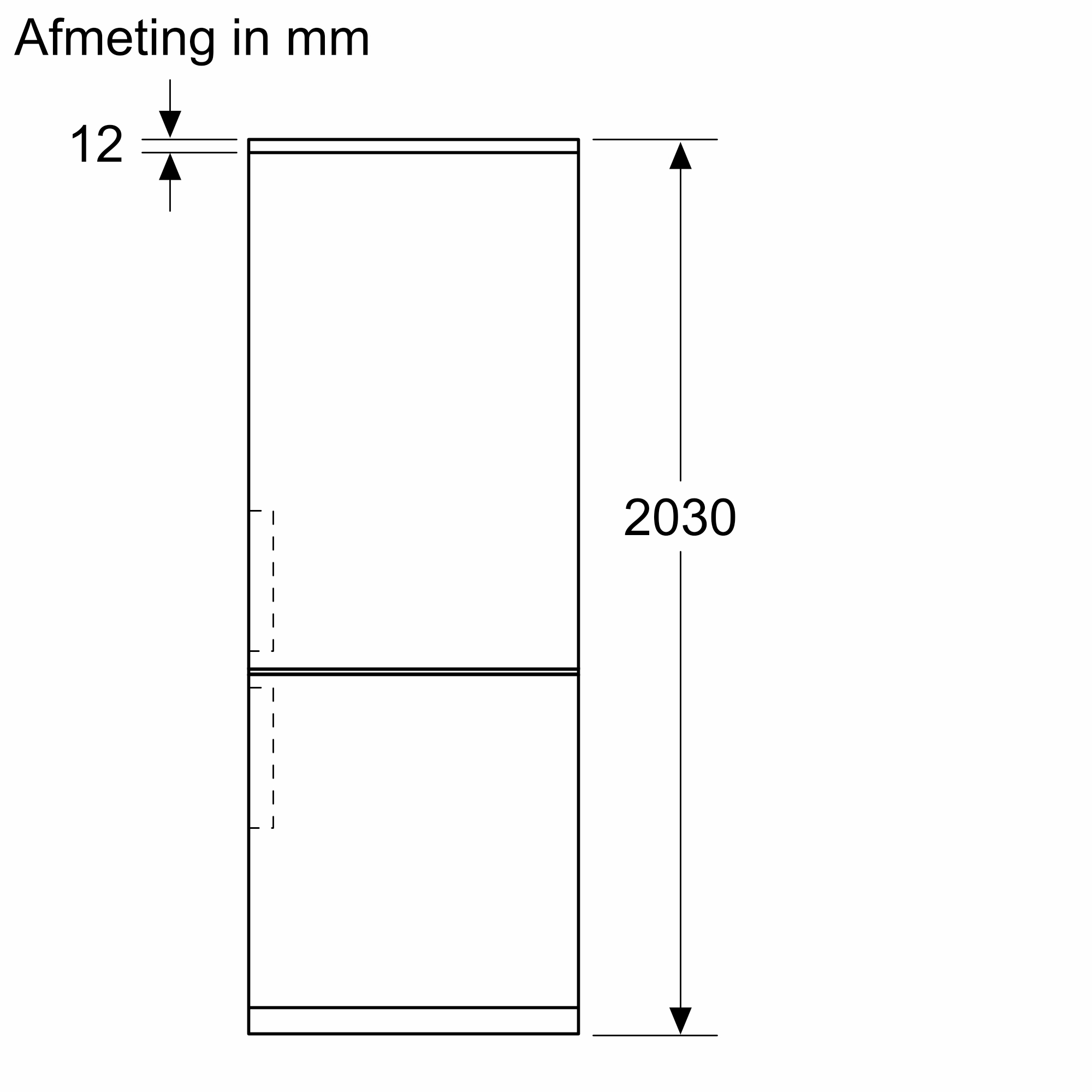 Een diagram met de afmetingen van een koelkast, in millimeters.