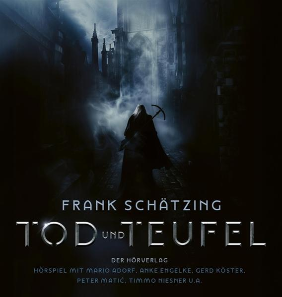 Buchcover mit Kapuzenfigur und Spitzhacke in dunkler Stadt.