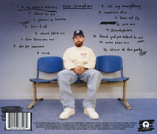 Albumcover mit einem Mann auf einer Bank, um ihn herum sind Songtitel geschrieben.