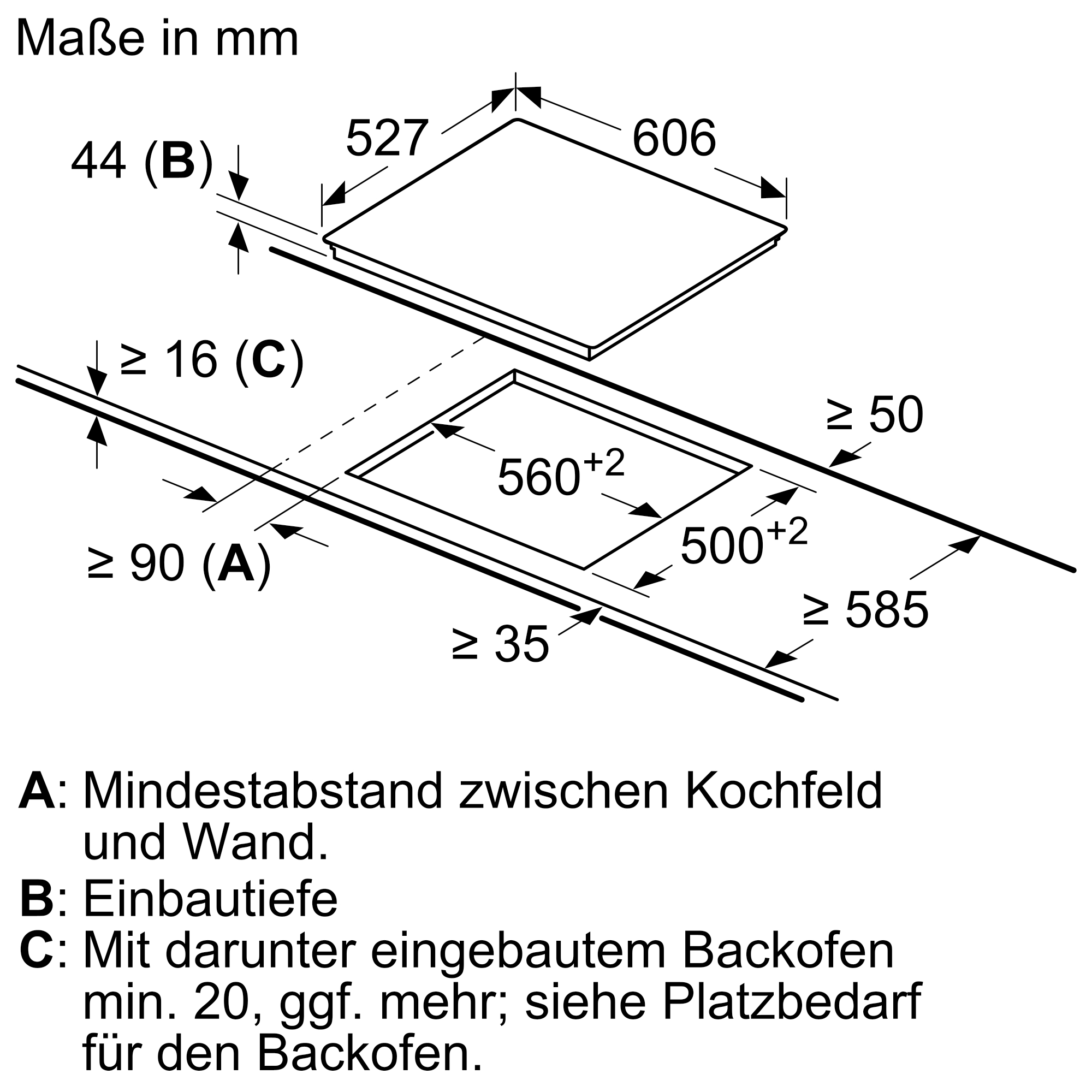 Diagramm eines Kochfelds mit Maßen und Anmerkungen. Das Kochfeld ist in einer Arbeitsplatte installiert.