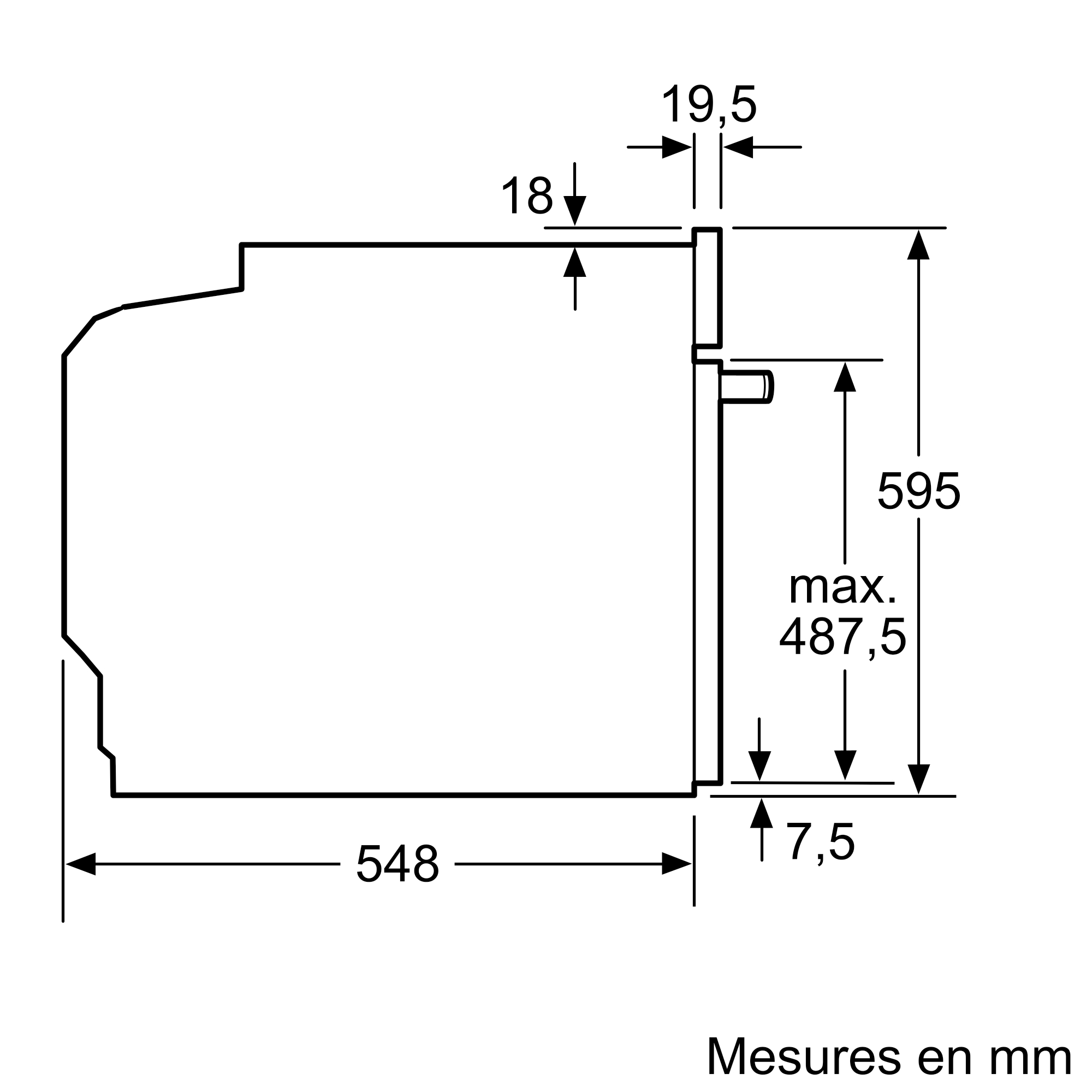 Dessin technique : Dimensions du lave-linge avec mesures en millimètres.